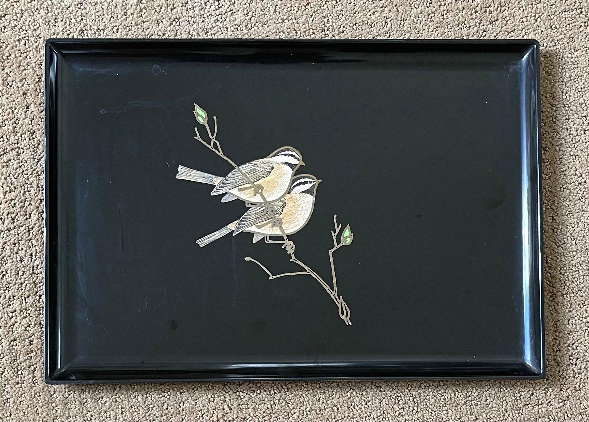 Inlay Inlaid Wood Birds / Sparrows Tray by Couroc California