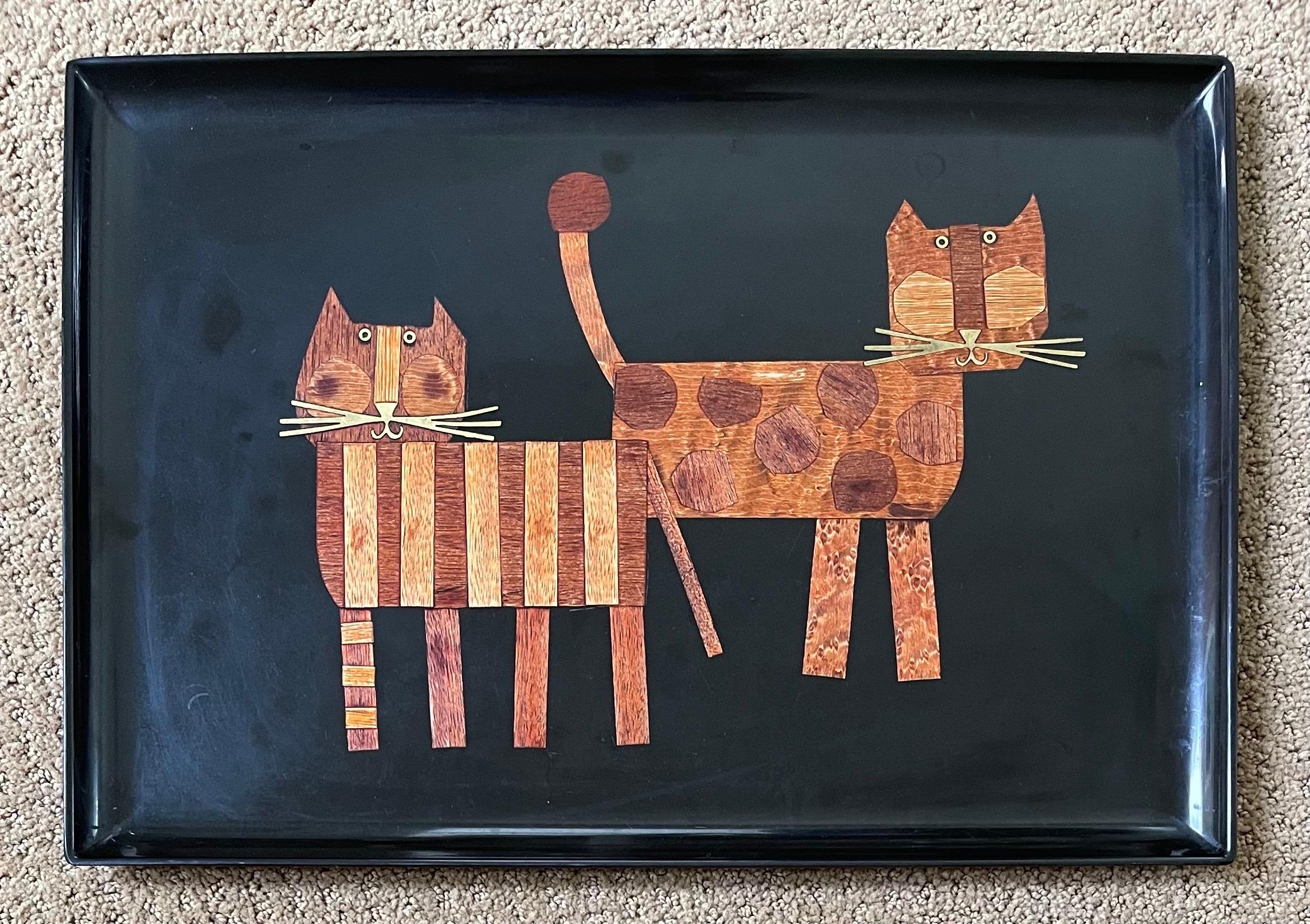 20th Century Inlaid Wood Cats Tray by Couroc California