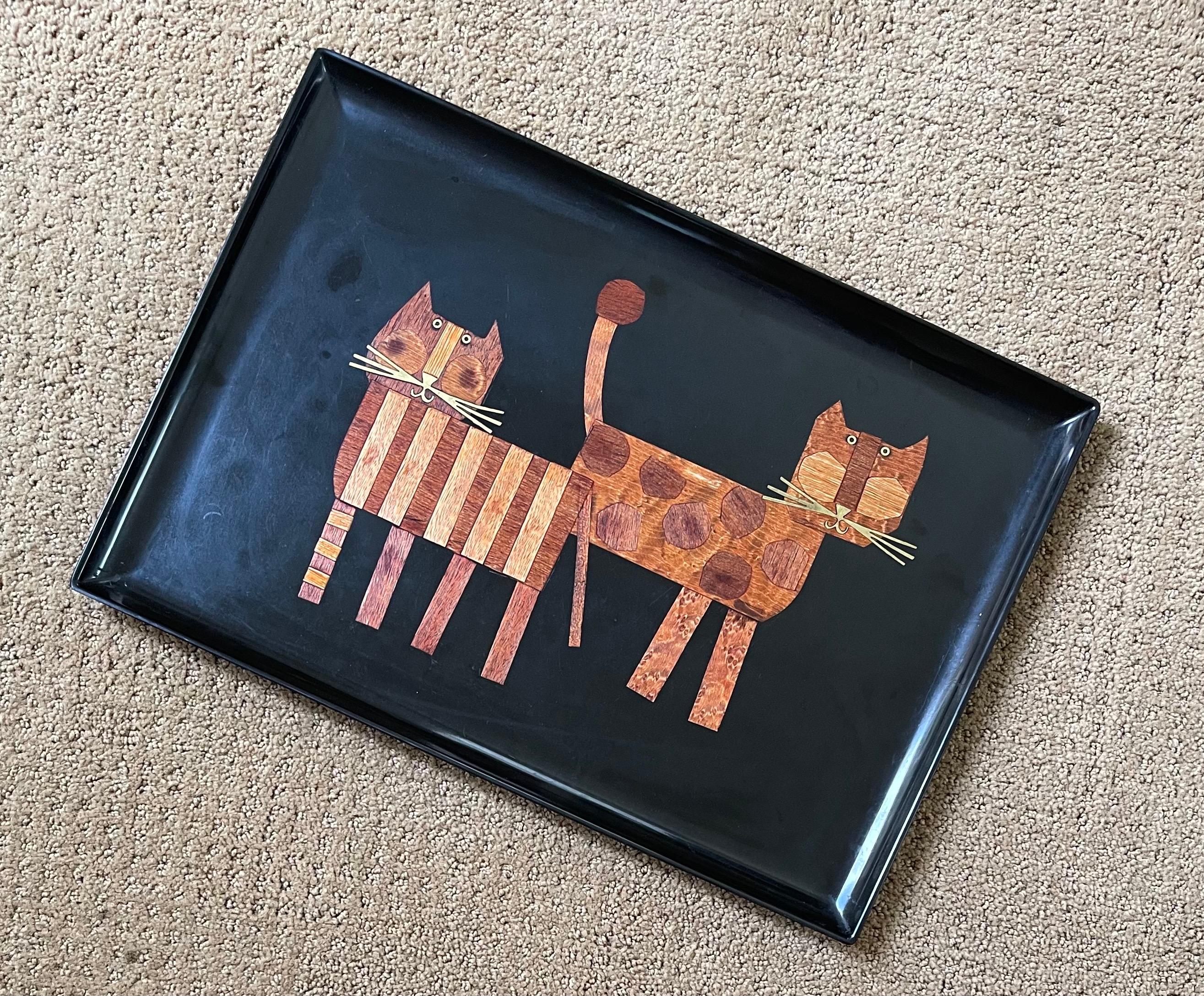 Inlaid Wood Cats Tray by Couroc California 1