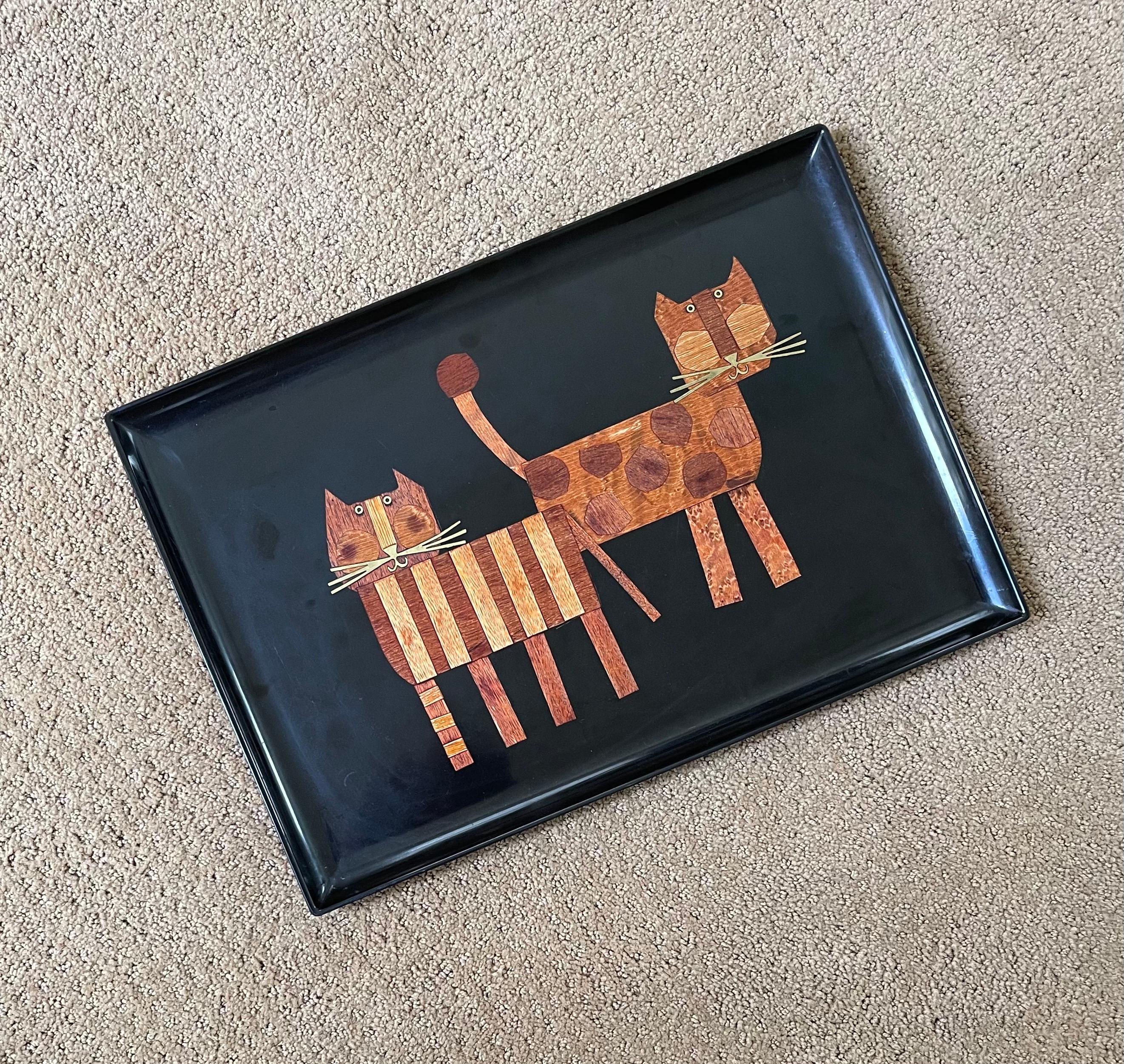 Inlaid Wood Cats Tray by Couroc California 2