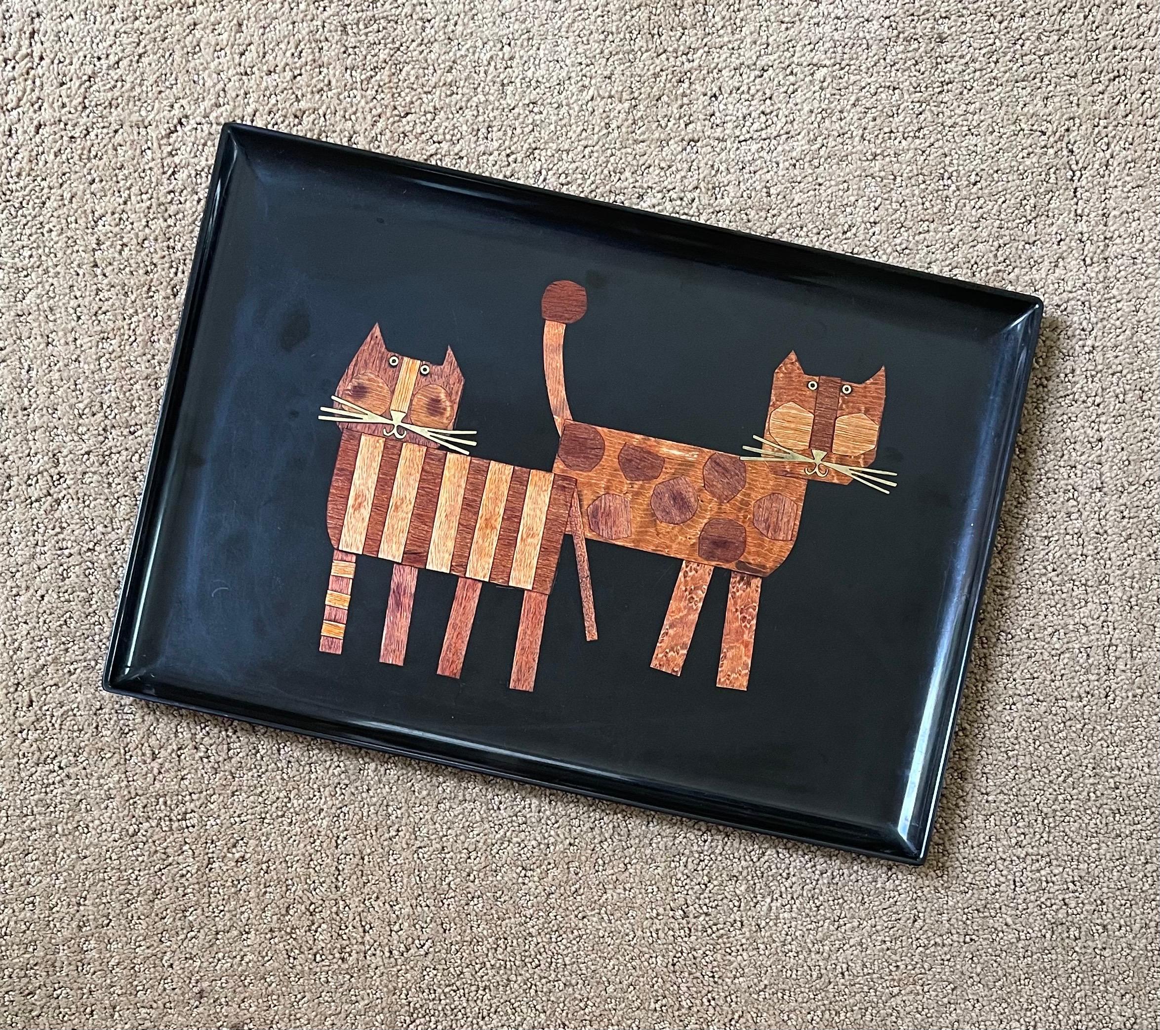 North American Inlaid Wood Cats Tray by Couroc California