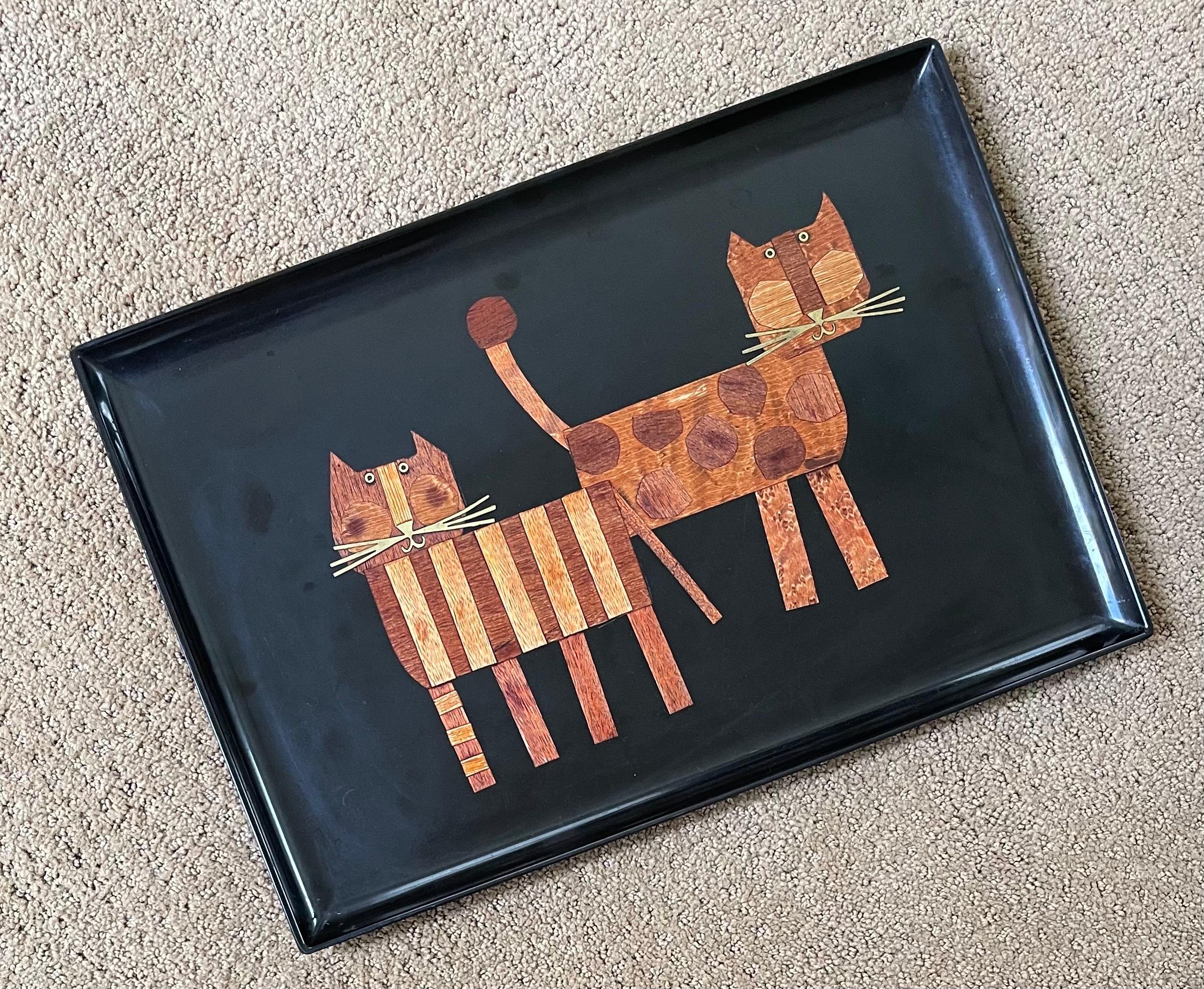 Inlaid Wood Cats Tray by Couroc California In Good Condition In San Diego, CA