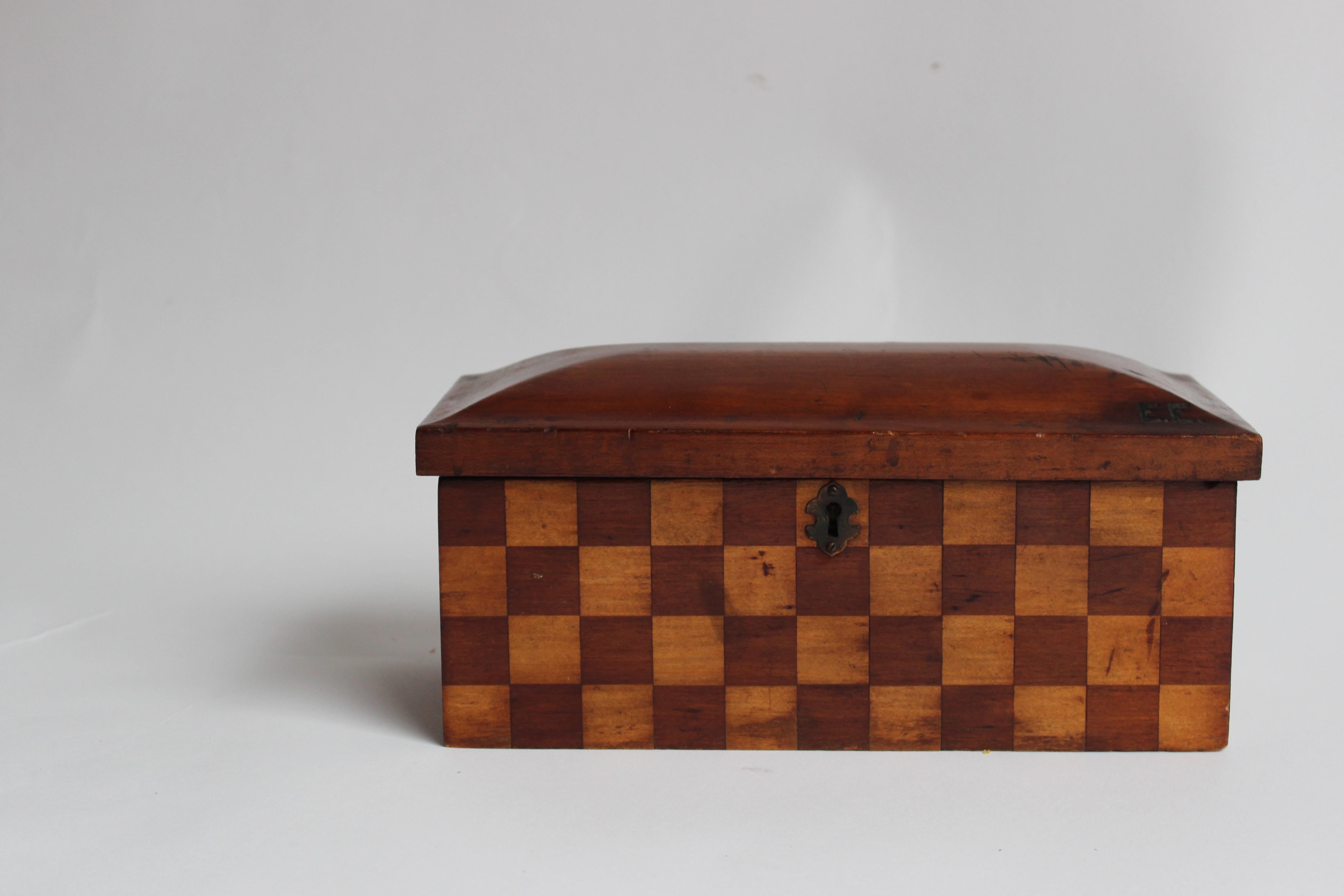Inlaid wood checker box. With Initials on it's cover 