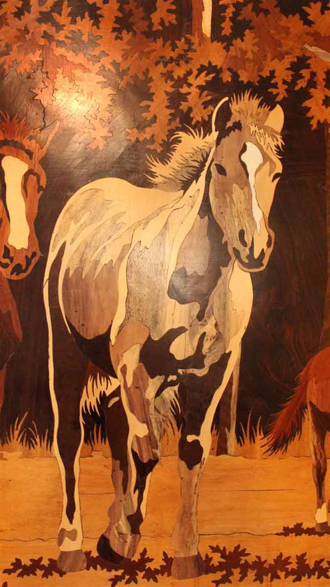 American Inlaid Wood Portrait of Horses, 1980s