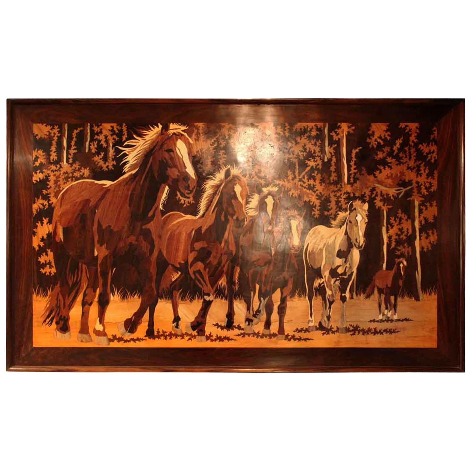 Inlaid Wood Portrait of Horses, 1980s