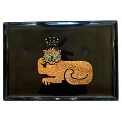 Großes Tablett mit Intarsien aus Holz Queen Tiger von Couroc California