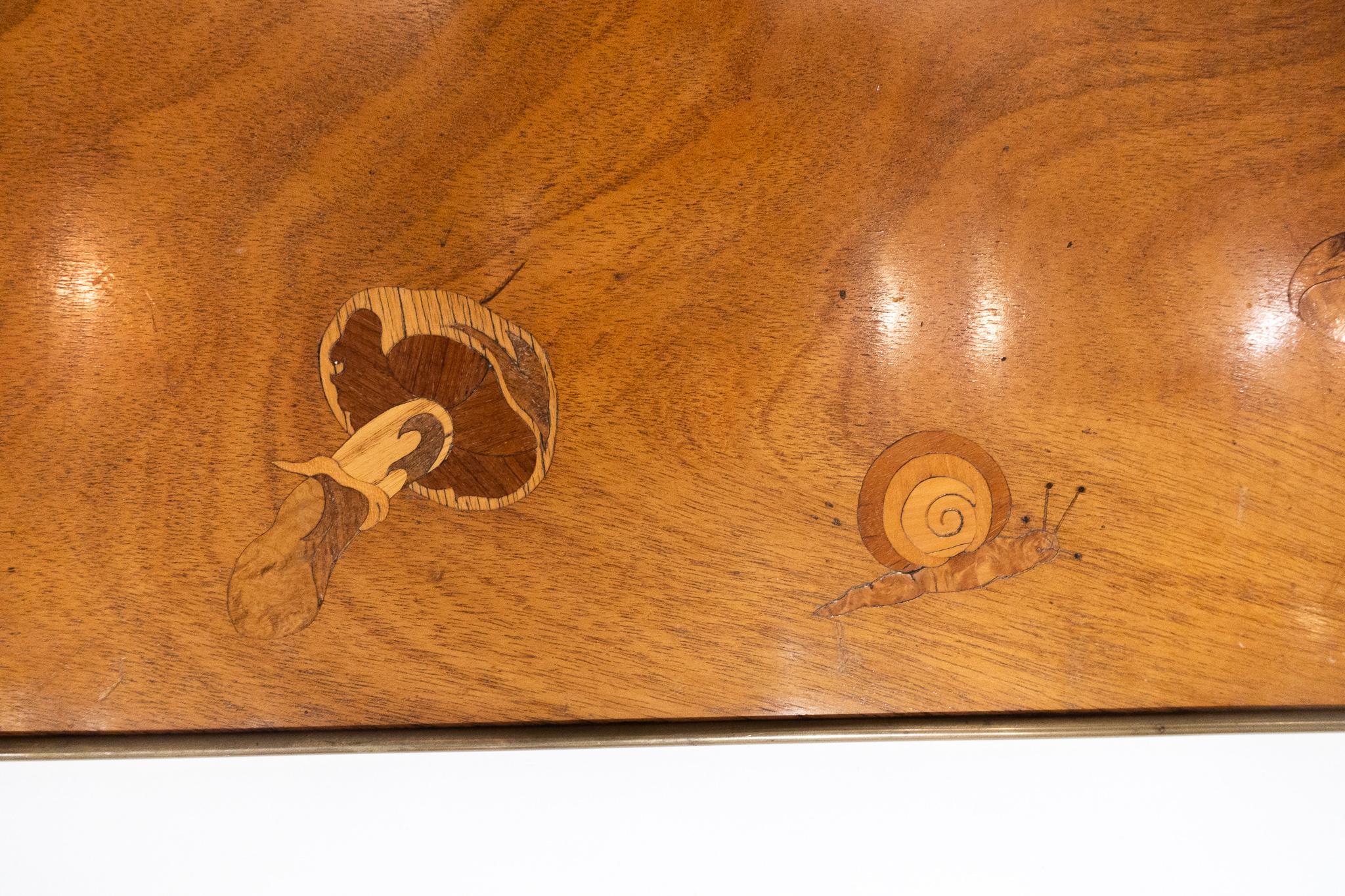 Art Nouveau Inlaid Wooden Panel with Mushrooms and a Butterfly, Signed Christian Dior, Paris