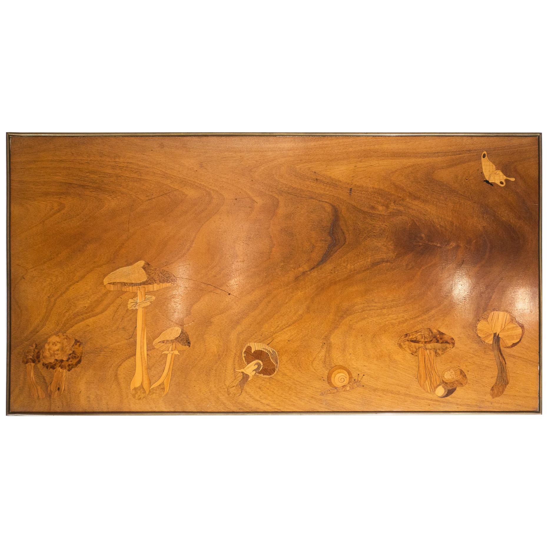 Inlaid Wooden Panel with Mushrooms and a Butterfly, Signed Christian Dior, Paris