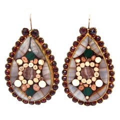 Boucles d'oreilles percées en Agate, Quartz, Grenats Dangle Paire de Vintage