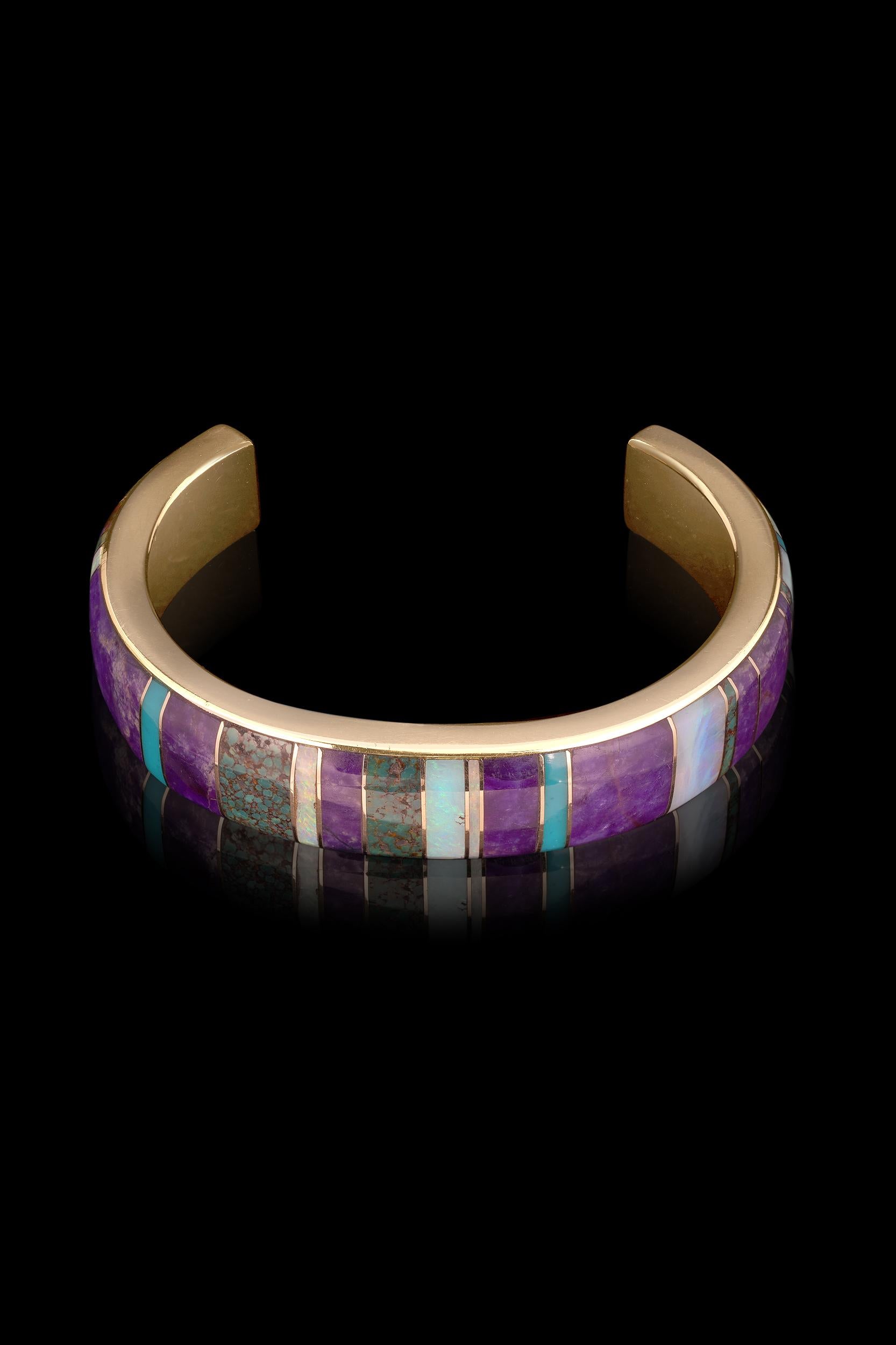 Nativo americano Bracciale con intarsi Navajo Julian Arviso, Sugilite, Opale australiano, Turchese in vendita