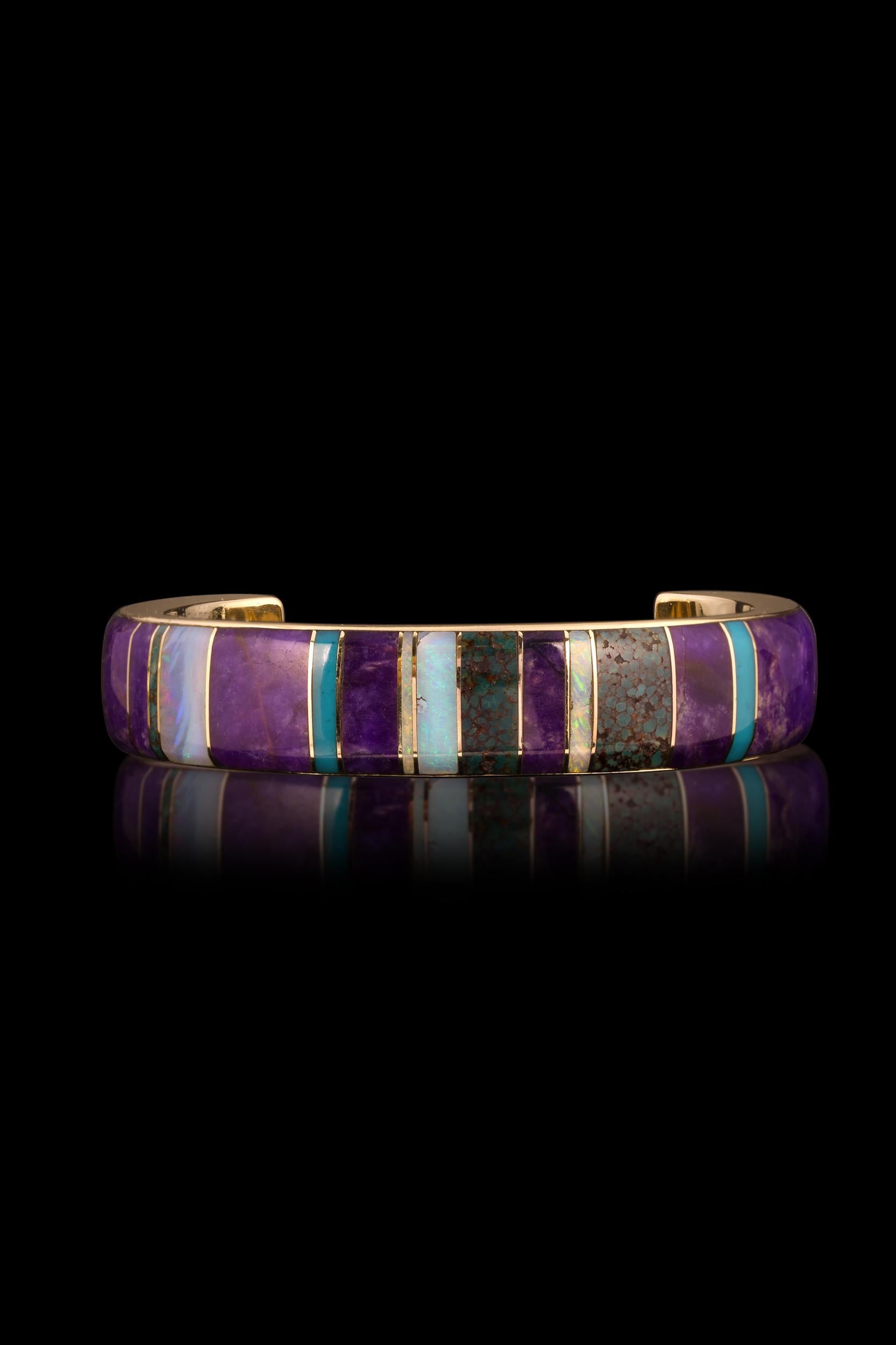 Bracciale con intarsi Navajo Julian Arviso, Sugilite, Opale australiano, Turchese In condizioni Nuovo in vendita a Mission Viejo, CA