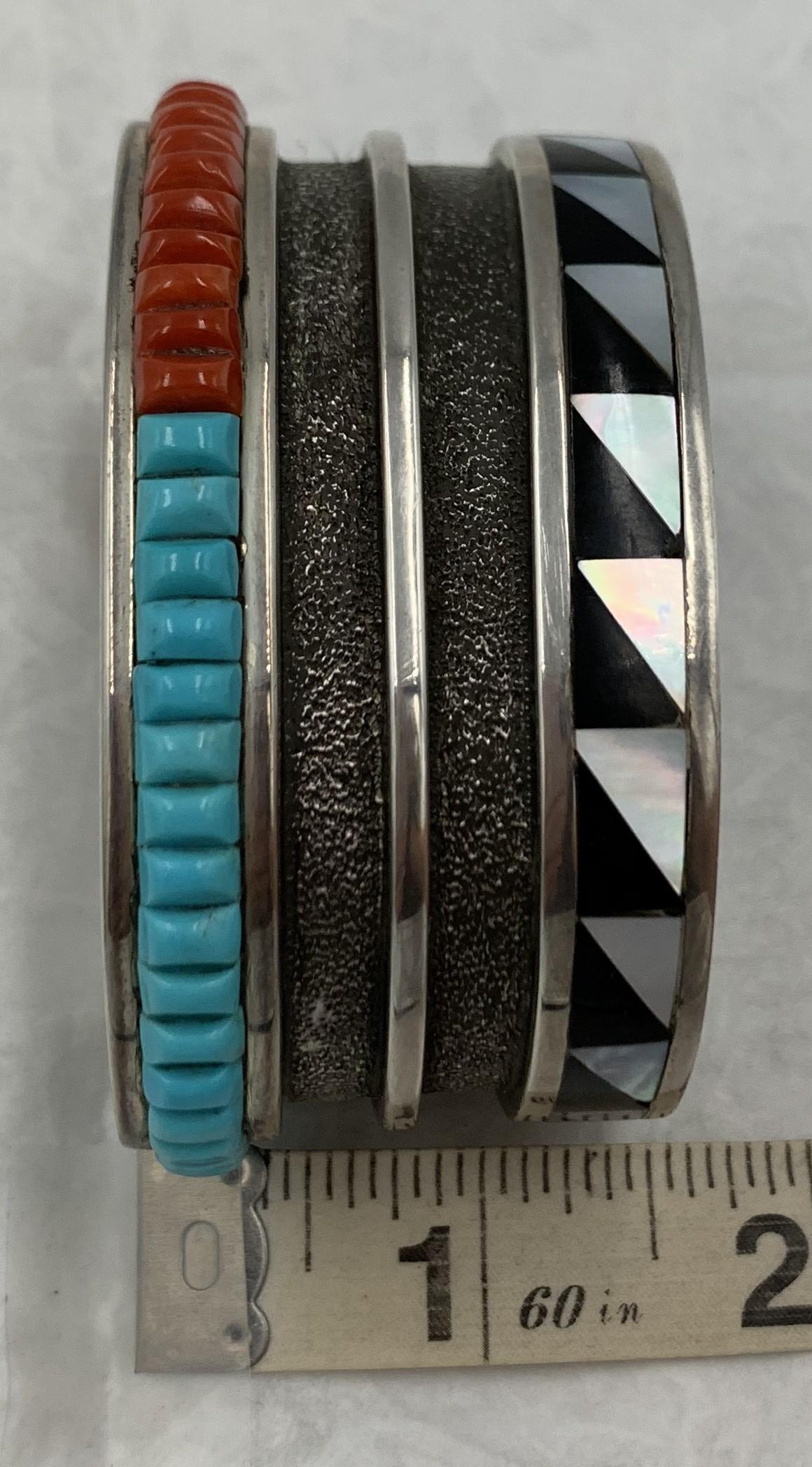 Sterling Silver Cuff with Coral, Turquoise, Jet and Mother of Pearl Inlay For Sale 6