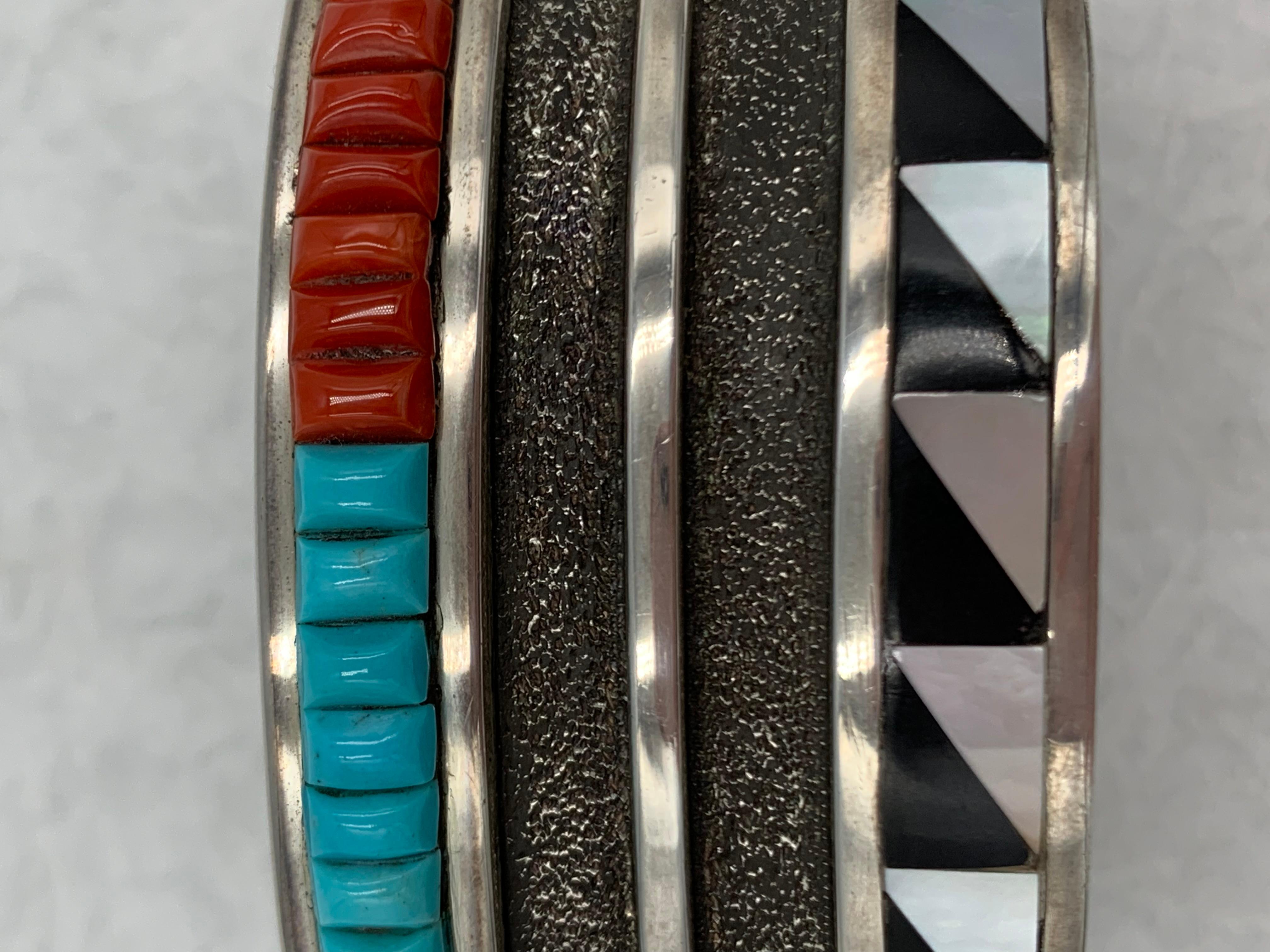 Native American Sterling Silver Cuff with Coral, Turquoise, Jet and Mother of Pearl Inlay For Sale