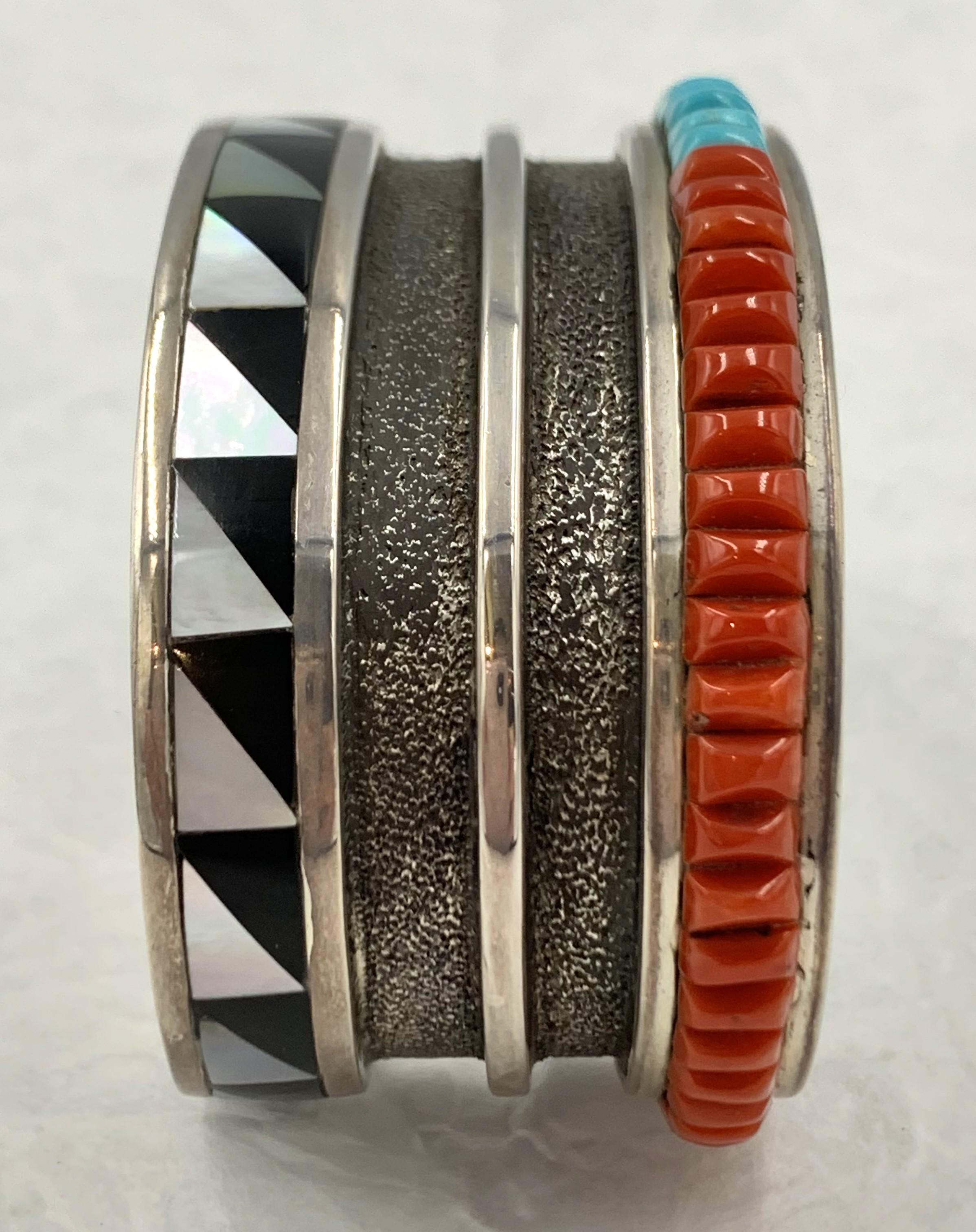 Sterling Silver Cuff with Coral, Turquoise, Jet and Mother of Pearl Inlay In New Condition For Sale In Scottsdale, AZ