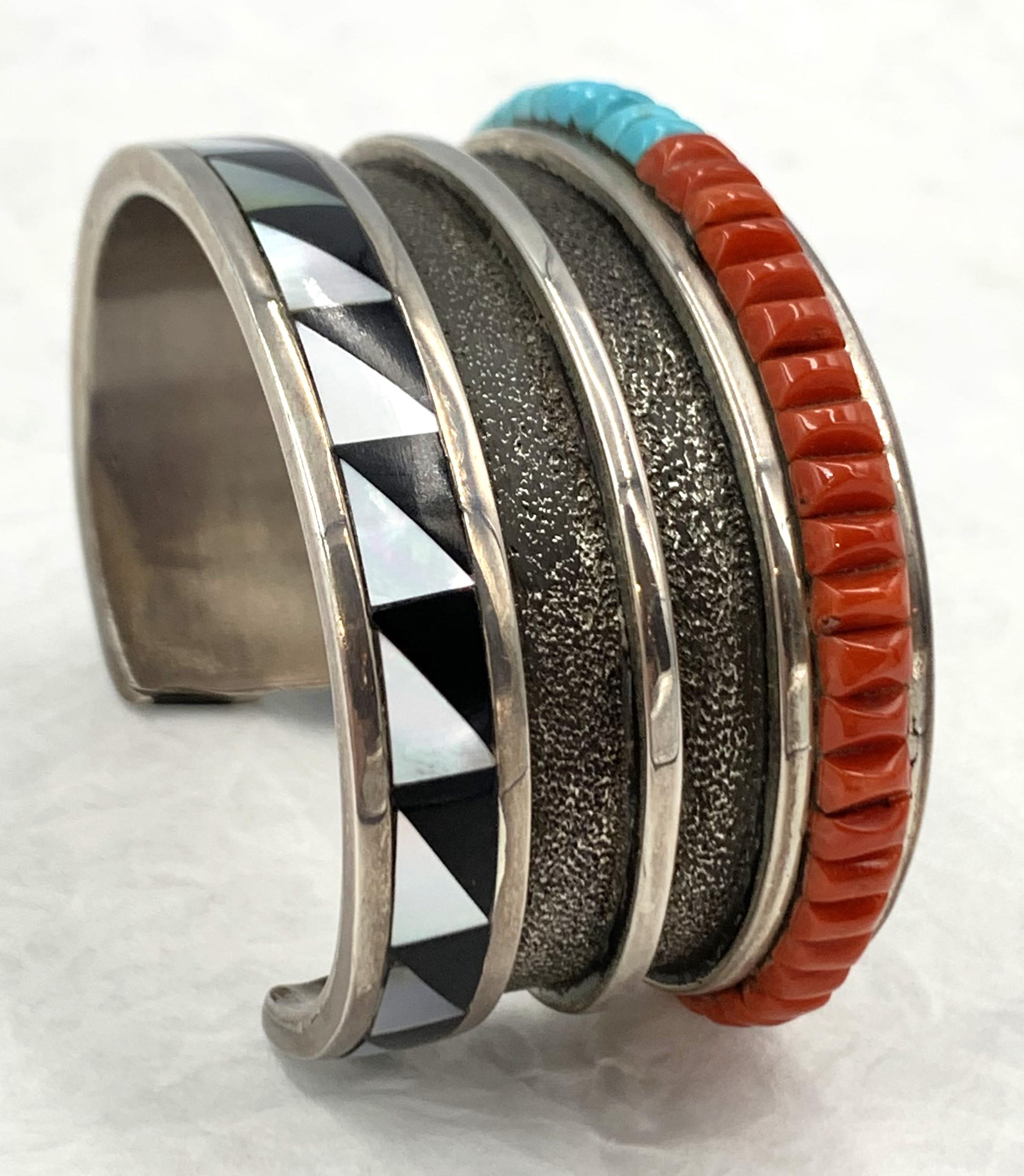 Women's or Men's Sterling Silver Cuff with Coral, Turquoise, Jet and Mother of Pearl Inlay For Sale