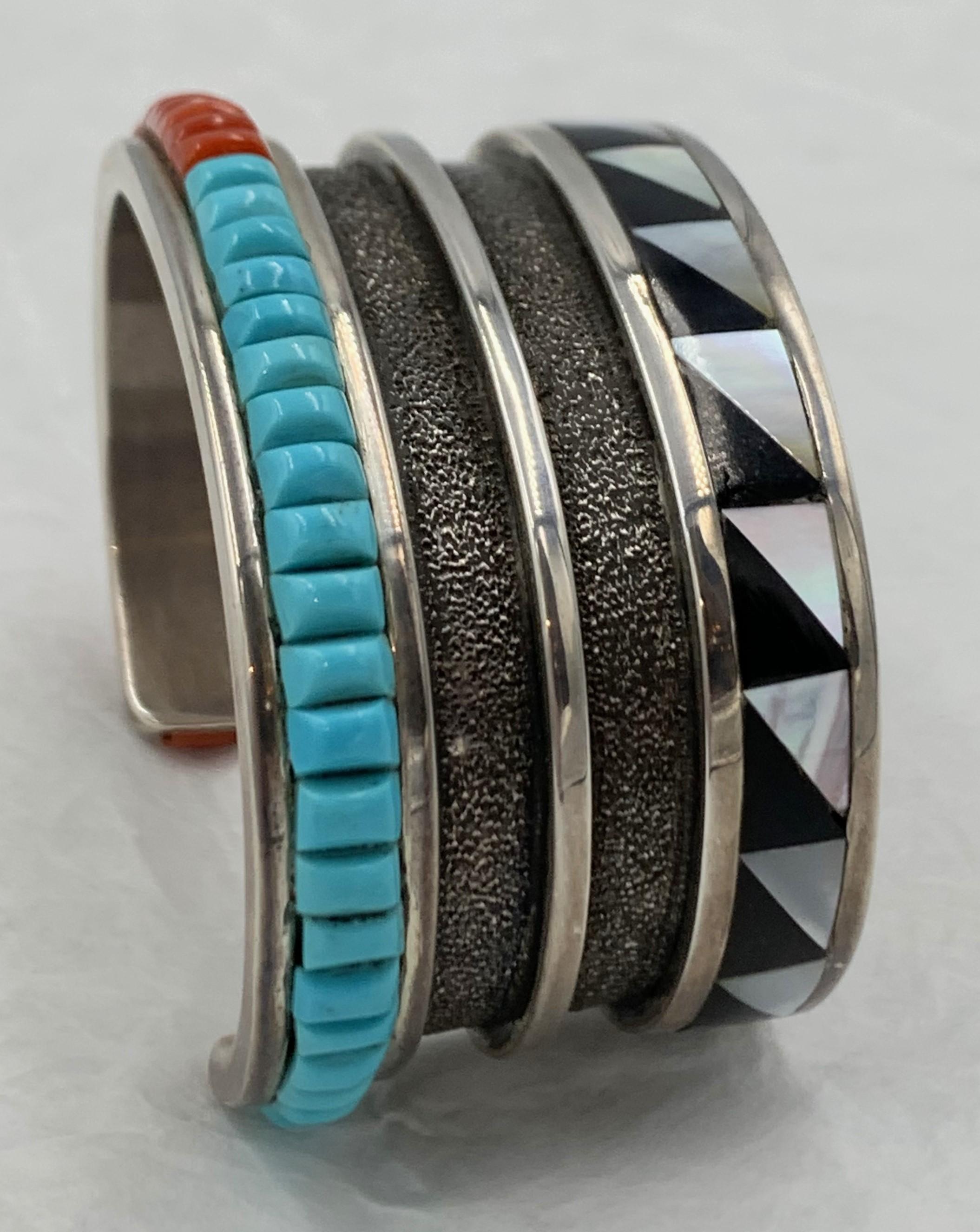 Sterling Silver Cuff with Coral, Turquoise, Jet and Mother of Pearl Inlay For Sale 1