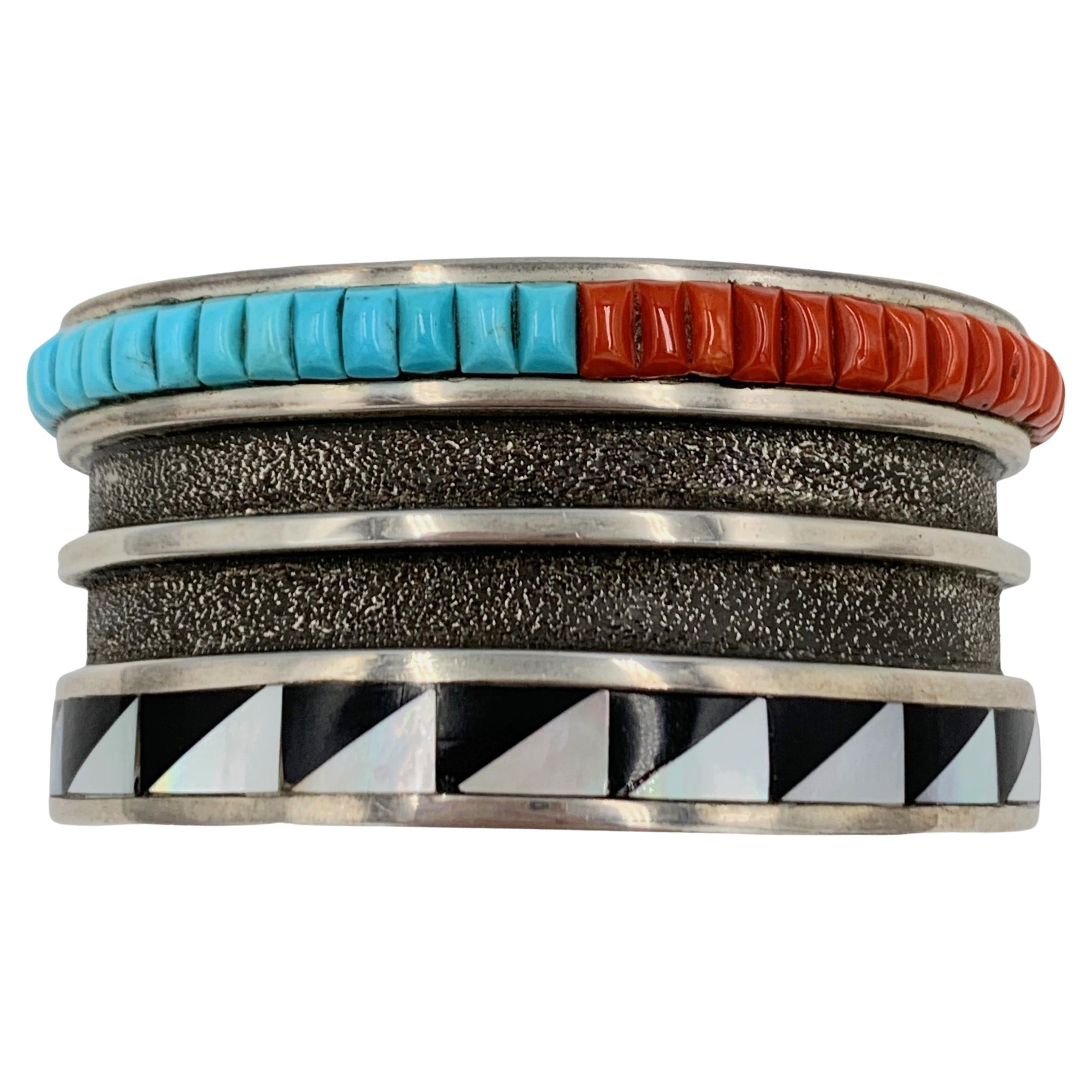 Sterling Silver Cuff with Coral, Turquoise, Jet and Mother of Pearl Inlay For Sale