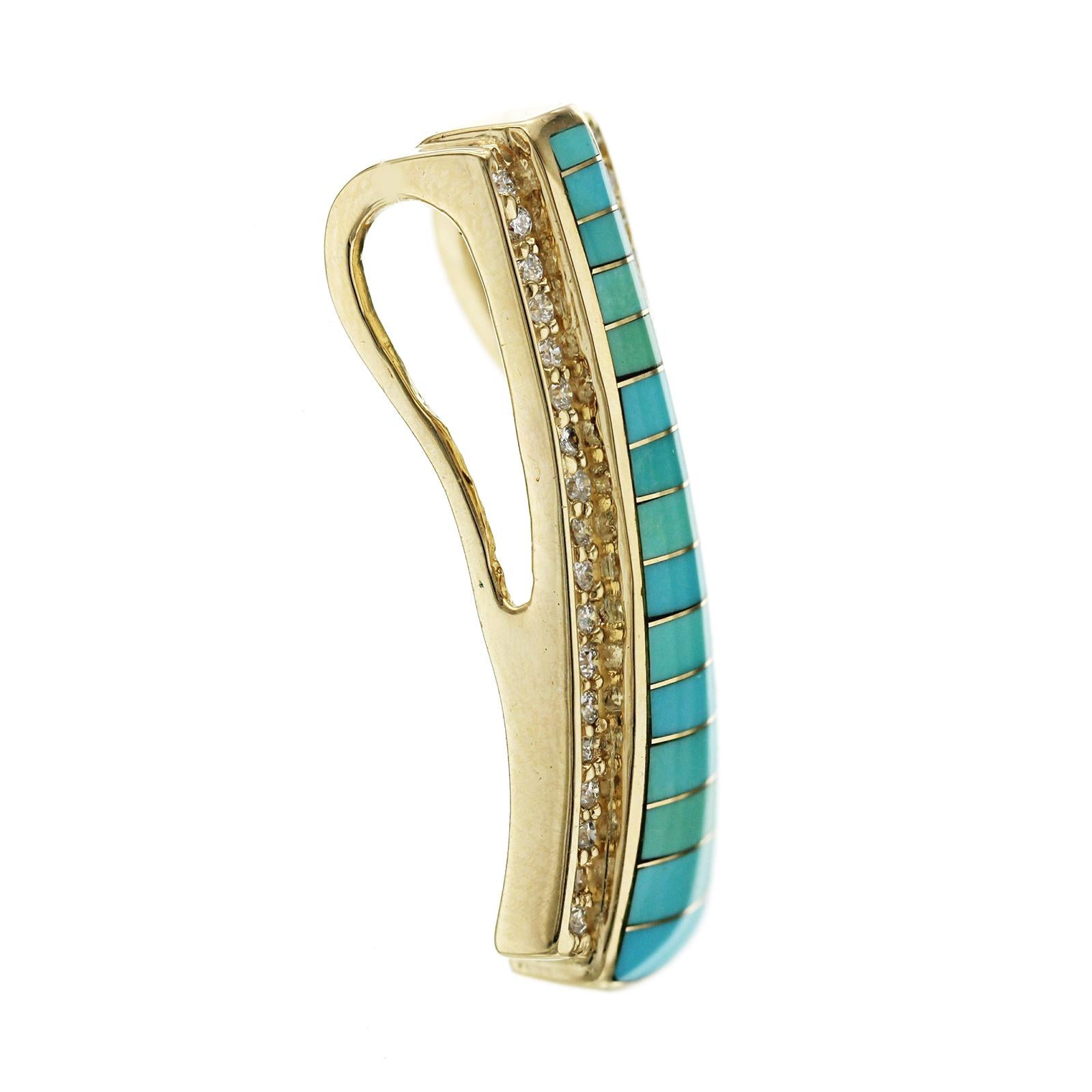 Pendentif en or jaune 14K avec turquoise de laboratoire incrustée et diamant 