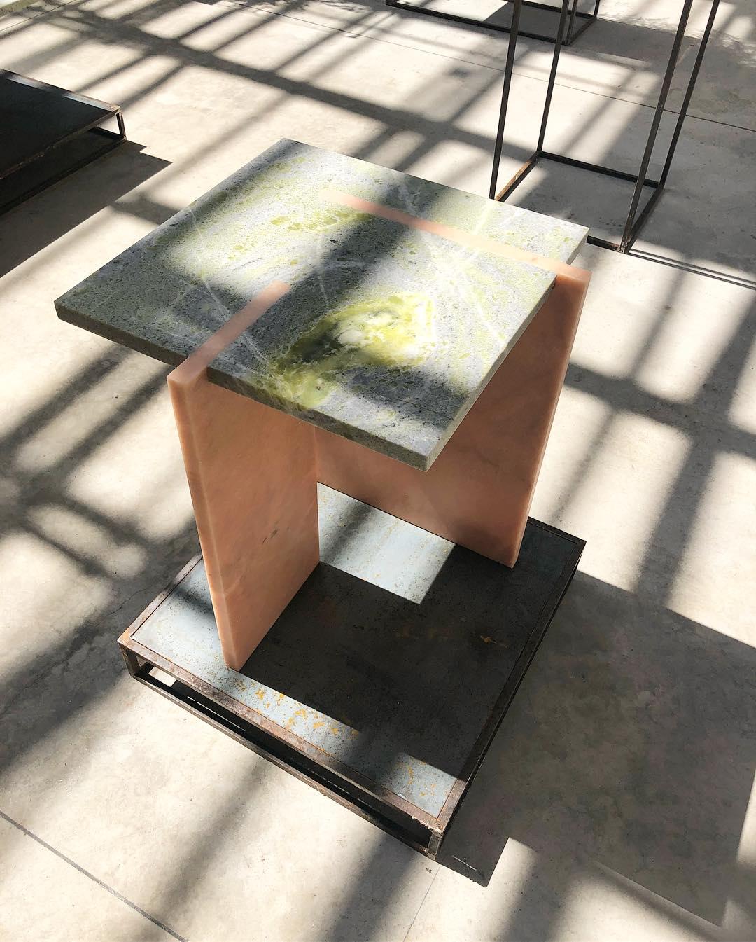 Inlay marble table, Nick Ross
Dimensions: 53 x 43 x 43 cm
Material: Portugal pink marble, green jade

The collection includes a chair, a coffee table and two side tables in a stripped down minimal style. The collection for Bloc studios is
