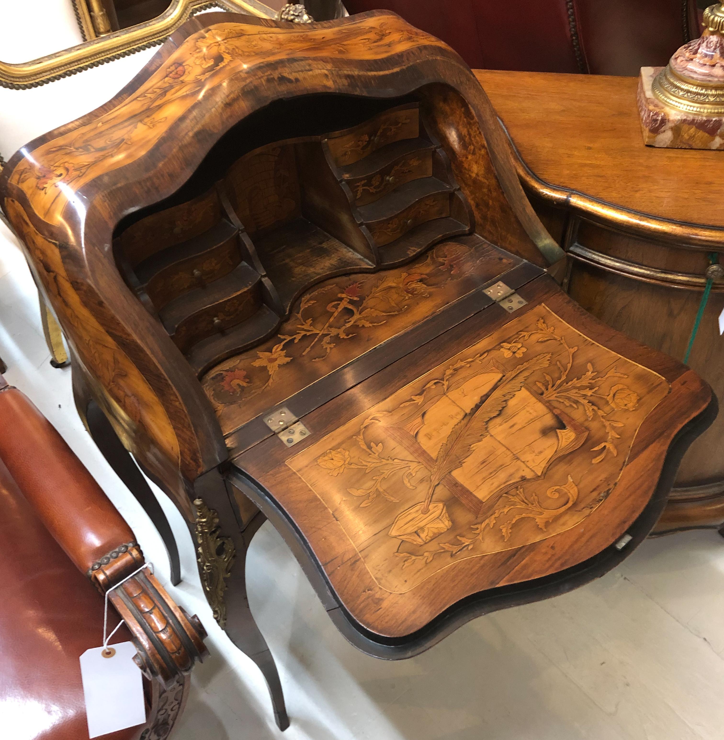 Desk / Secretary with inlay marquetry wood details with dropdown work surface

Open desk height: 28