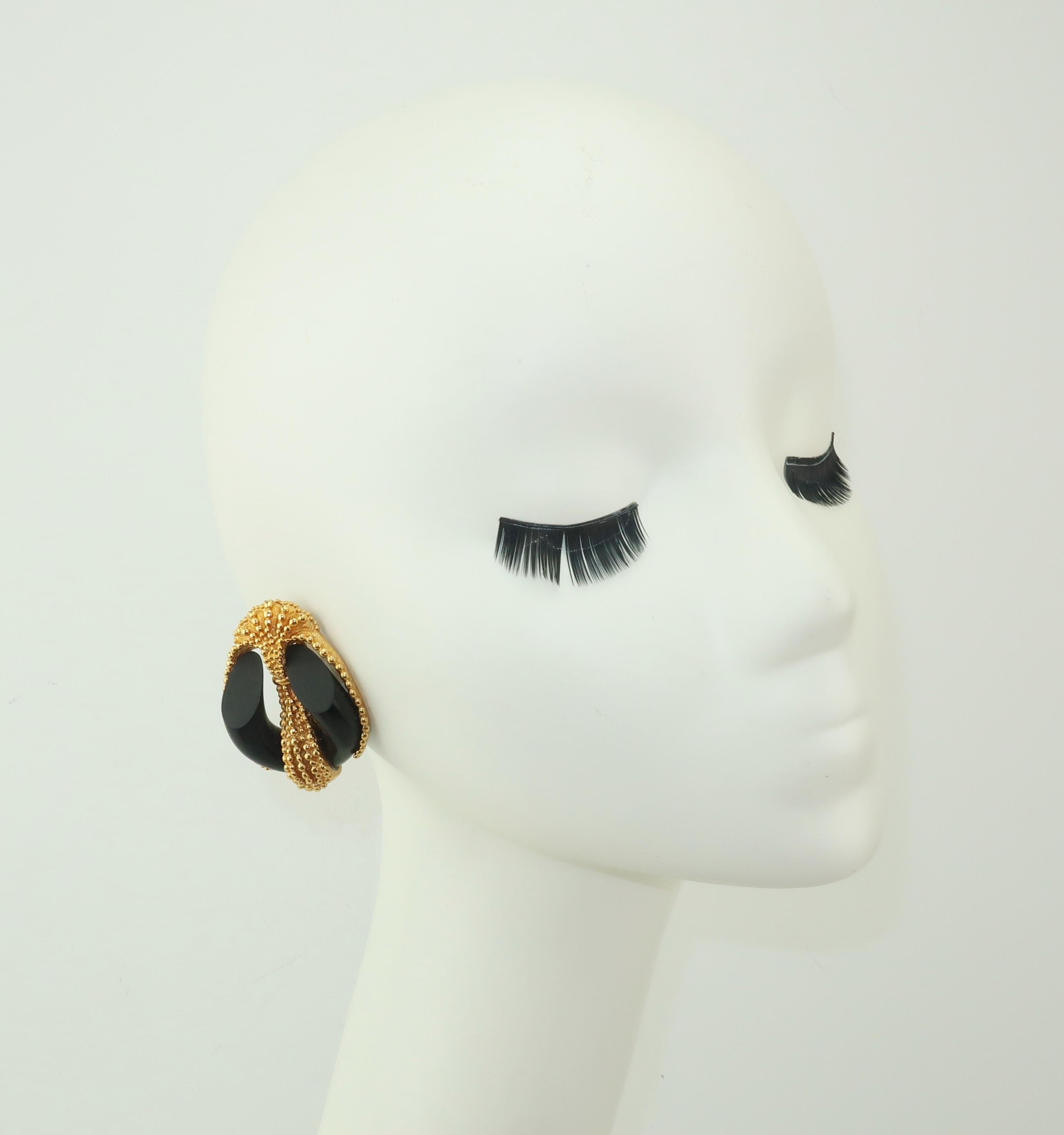 Inna Cytrine Gold Tone & Black Clip On Earrings, 1980's 2