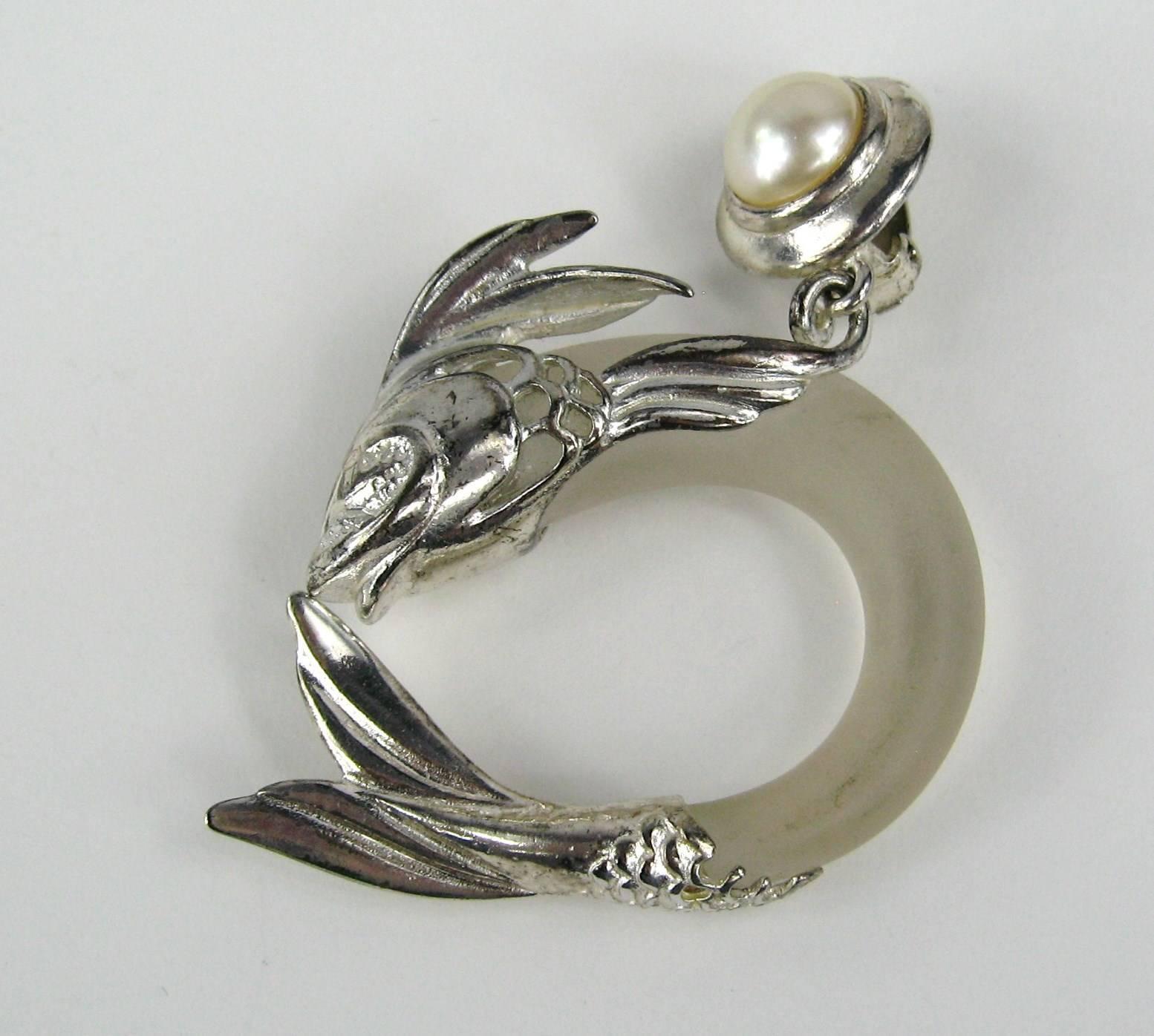 Heavy Inna Cytrine Paris Fish Motif Lucite / Pearl  clip on earrings in silver tone metal 