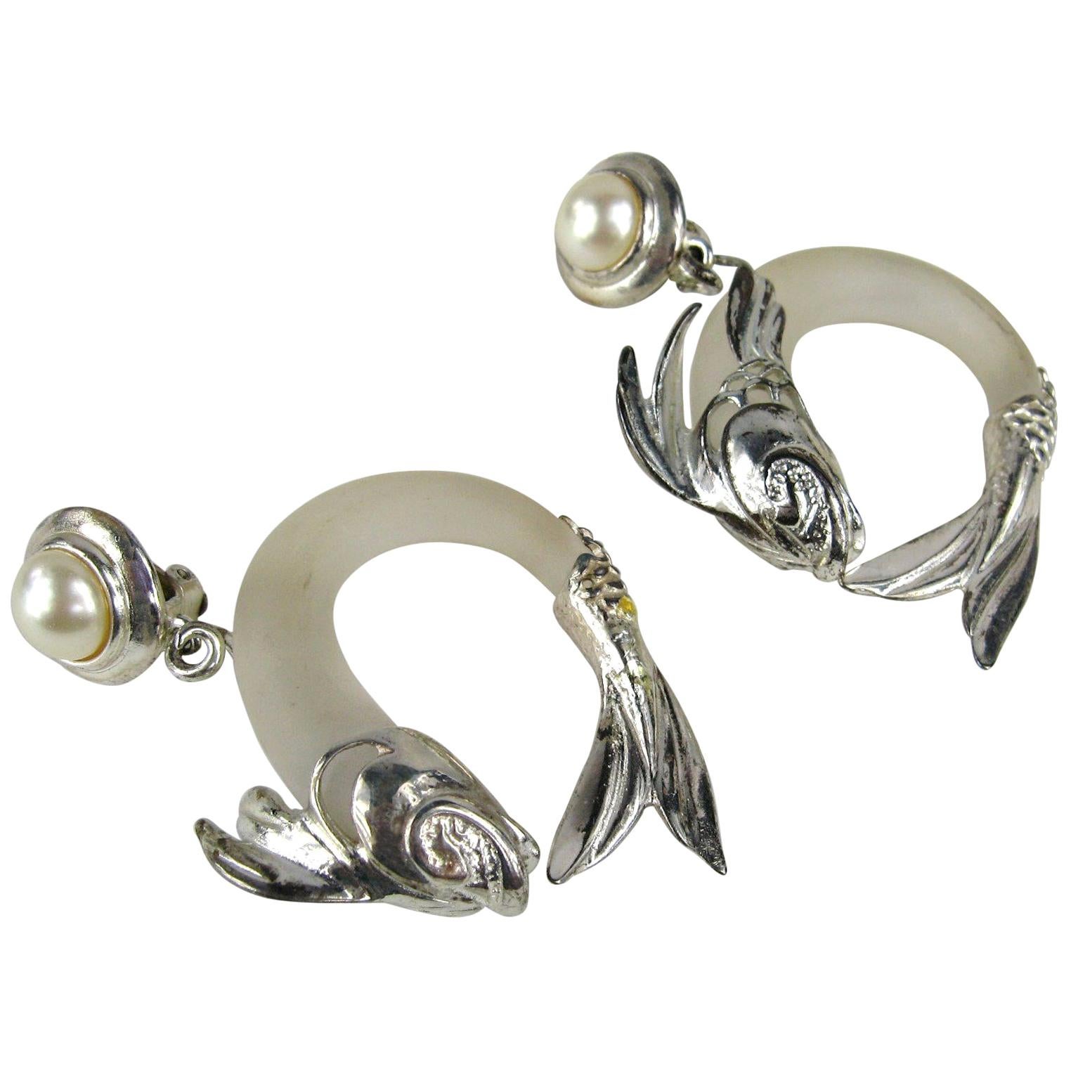  Inna Cytrine Lucite Silver fish Dangle Earrings New, Never Worn -1980s For Sale