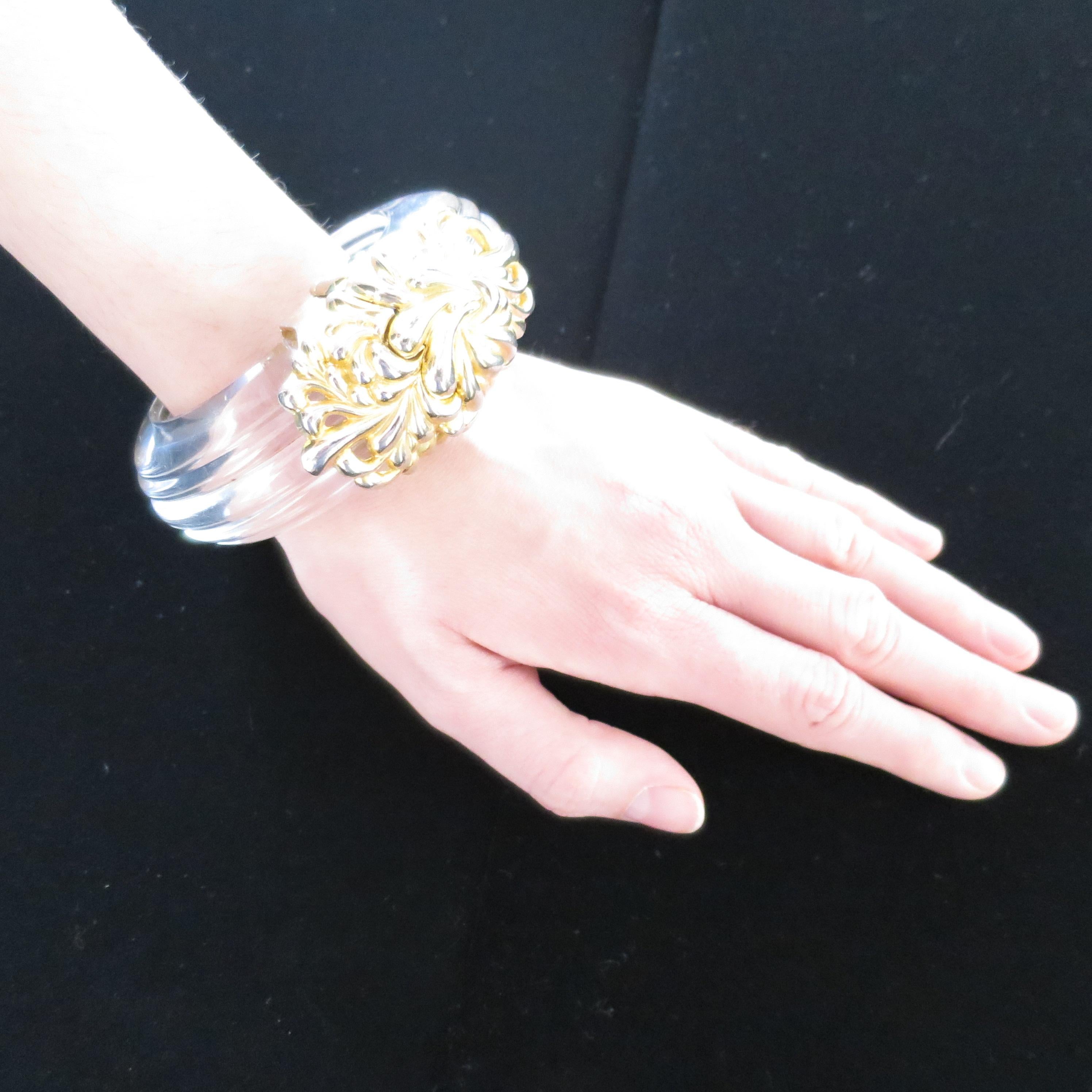 Inna Cytrine Paris Massive Runway Lucite Gilded Hinged Bangle Bracelet For Sale 11