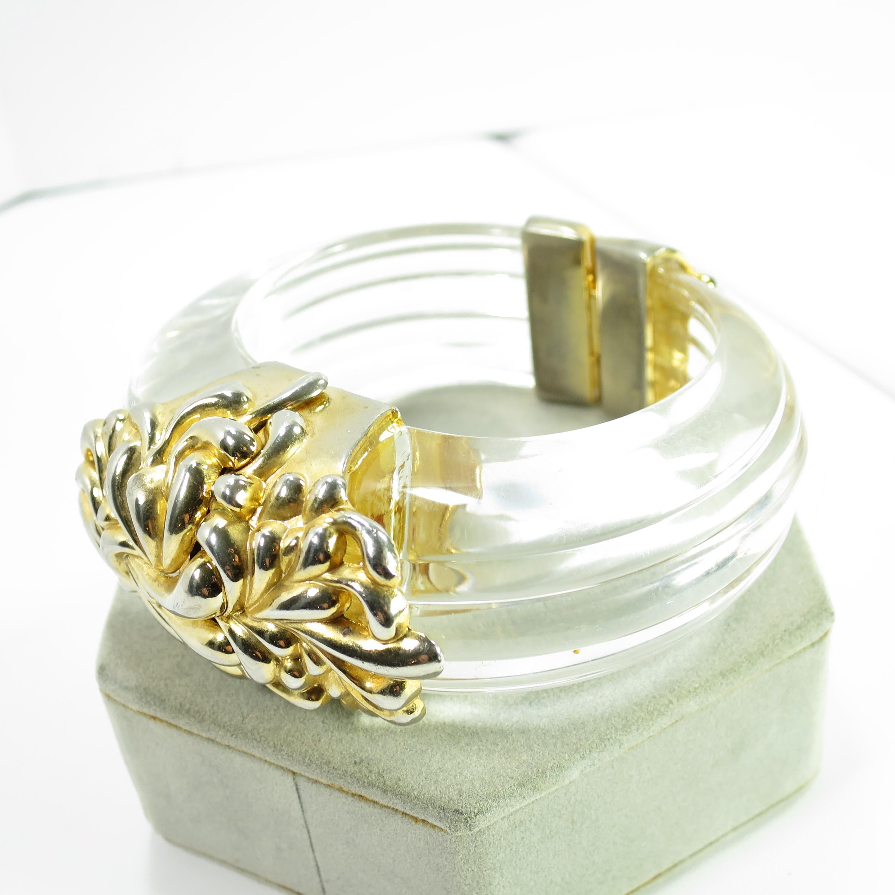 Modernist Inna Cytrine Paris Massive Runway Lucite Gilded Hinged Bangle Bracelet For Sale