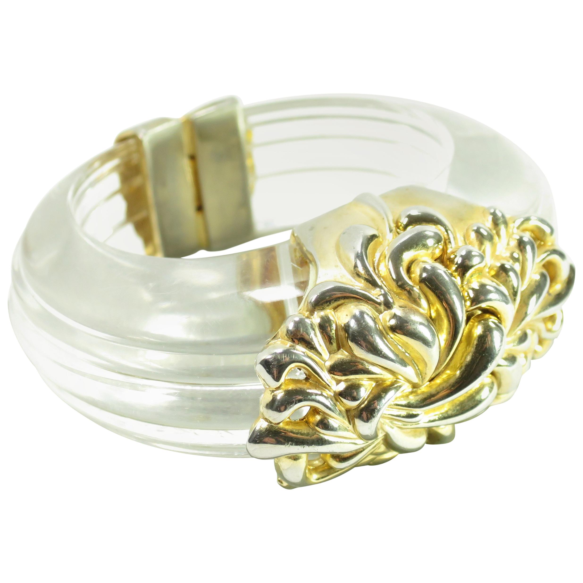 Inna Cytrine Paris Massive Runway Lucite Gilded Hinged Bangle Bracelet For Sale