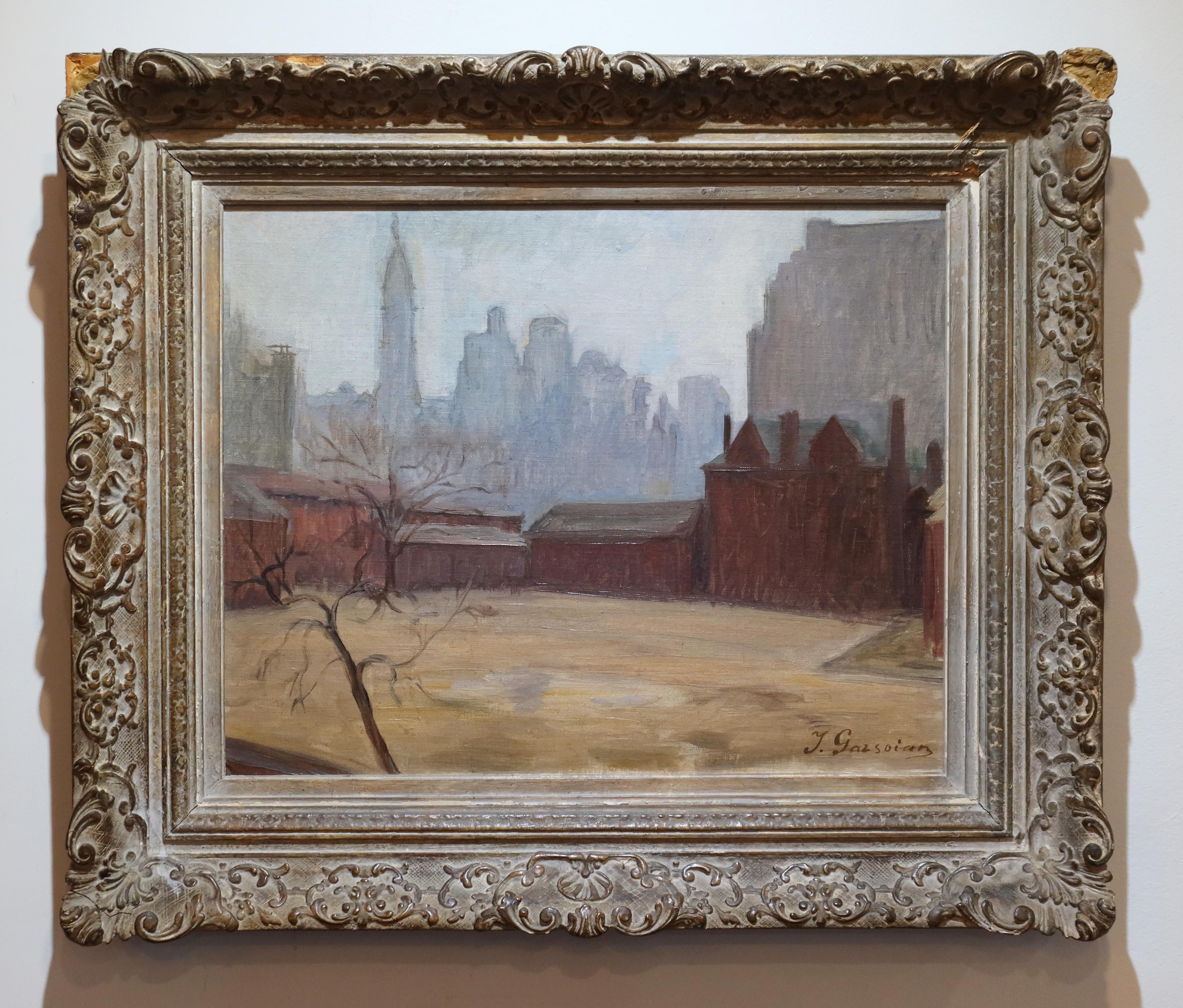 1942 FEMALE American ATMOSPHERIC Impressionist PHILADELPHIA Skyline Painting For Sale 1