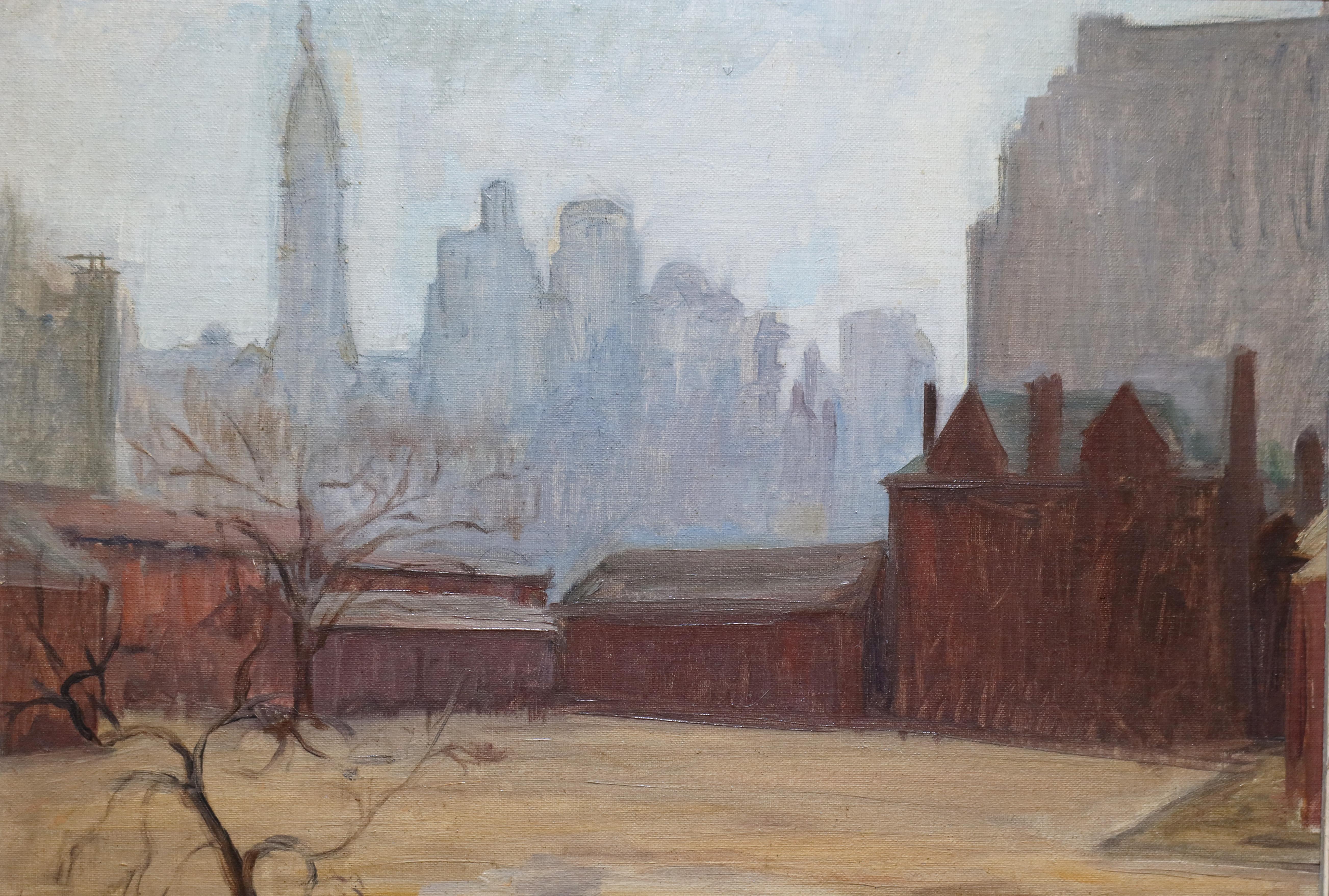 1942 FEMALE American ATMOSPHERIC Impressionist PHILADELPHIA Skyline Painting For Sale 2