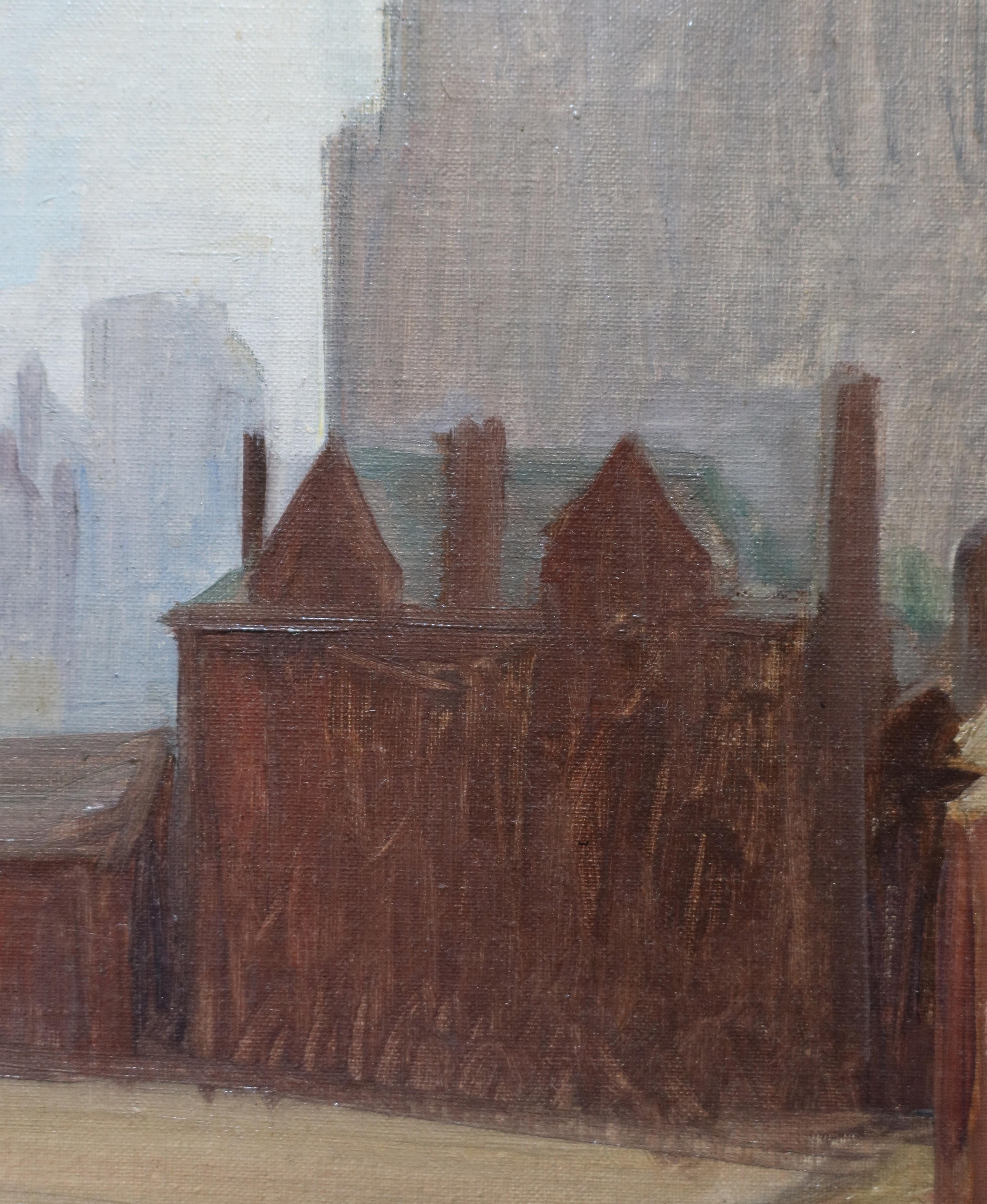 1942 FEMALE American ATMOSPHERIC Impressionist PHILADELPHIA Skyline Painting For Sale 4