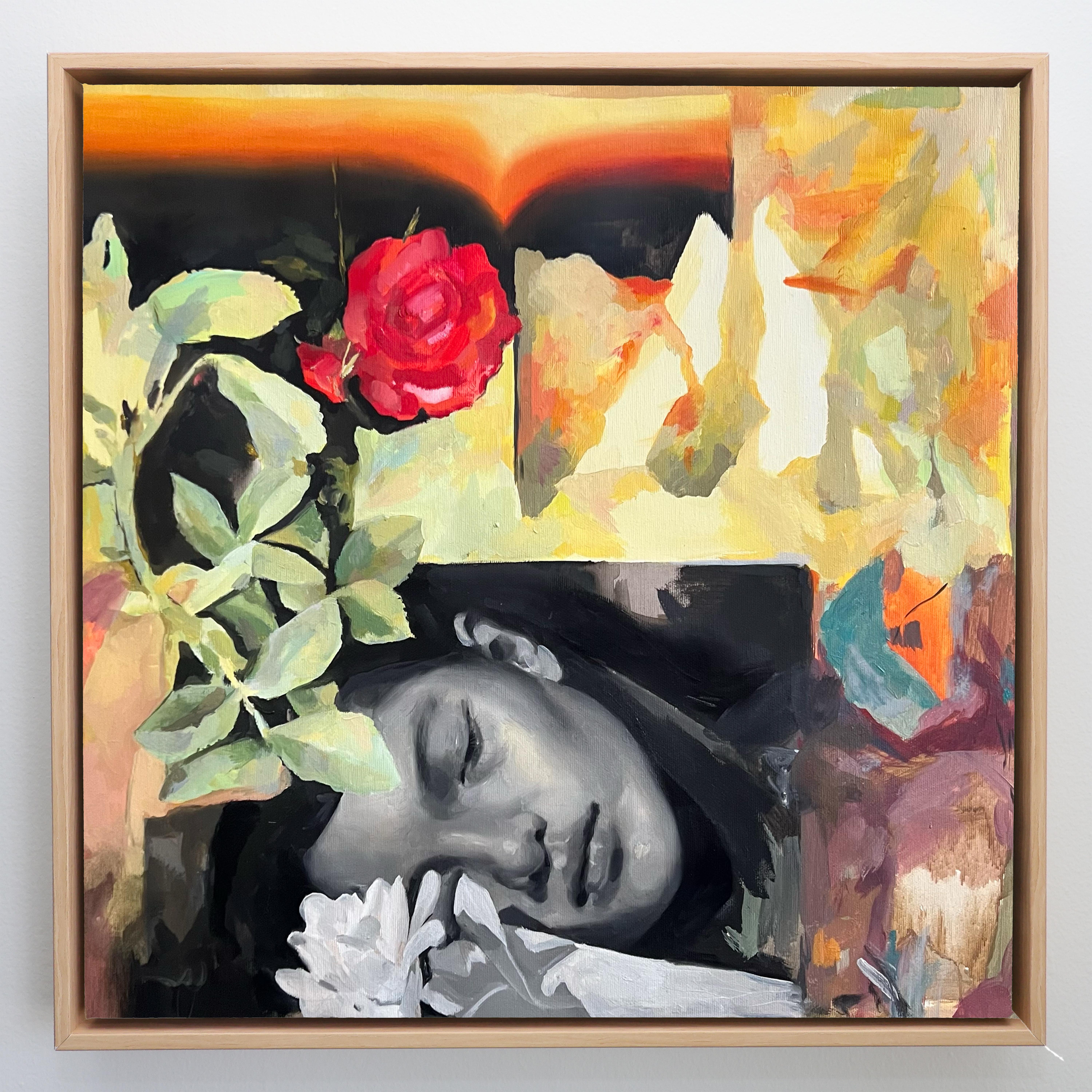 Gerahmte figurative Acrylmalerei, Traumhaftes Blumenportrait, 