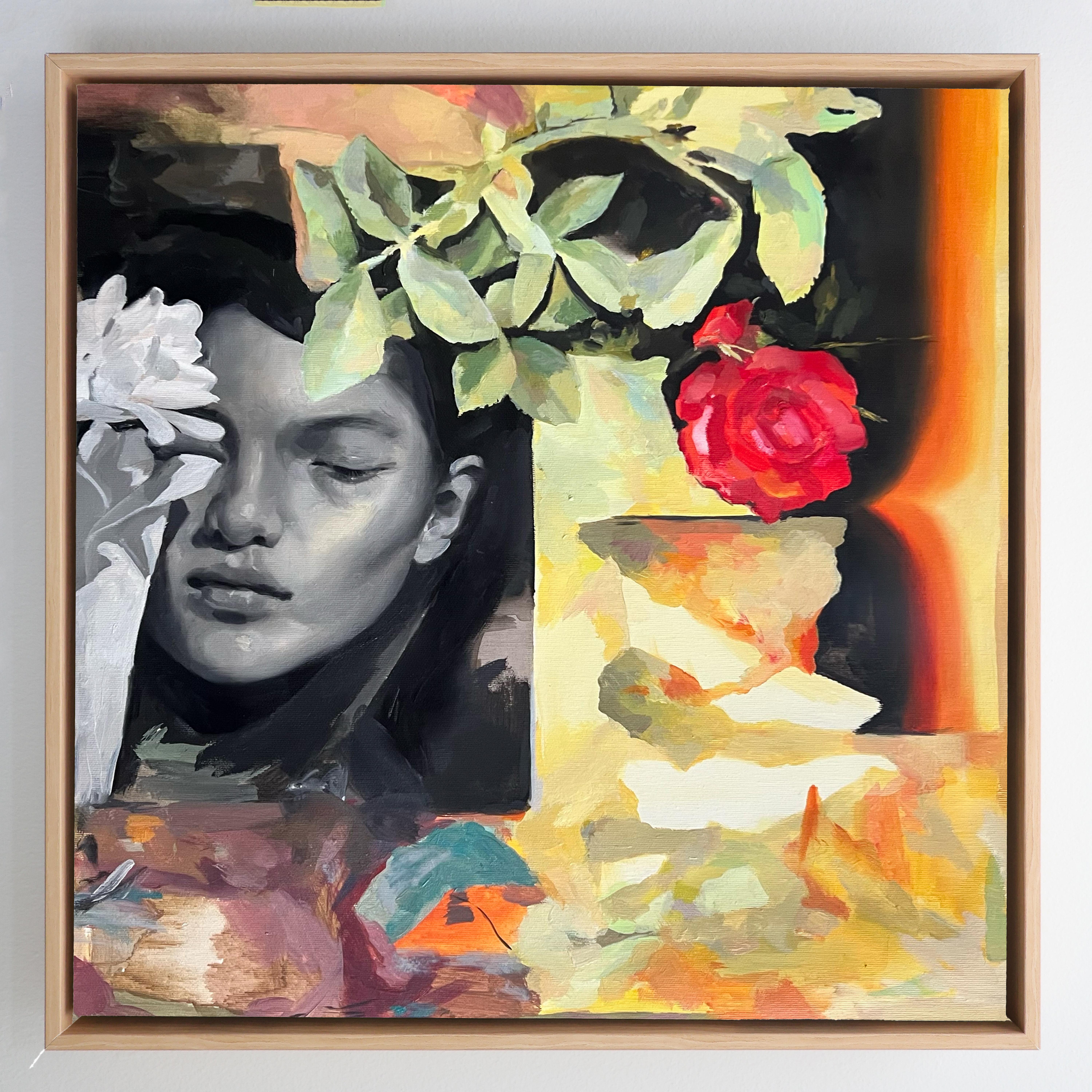 Gerahmte figurative Acrylmalerei, Traumhaftes Blumenportrait, 
