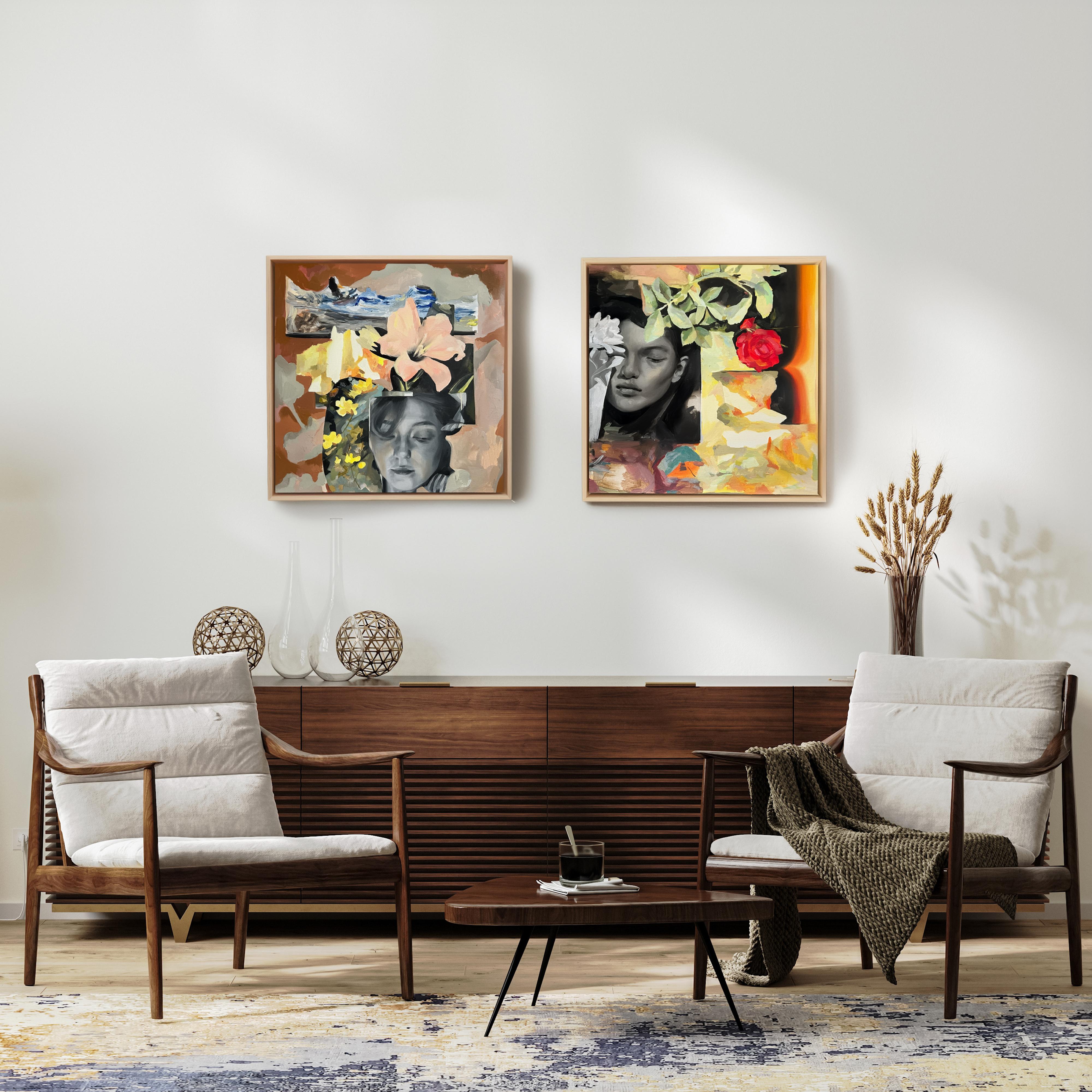 Gerahmte figurative Acrylmalerei, Traumhaftes Blumenportrait, 