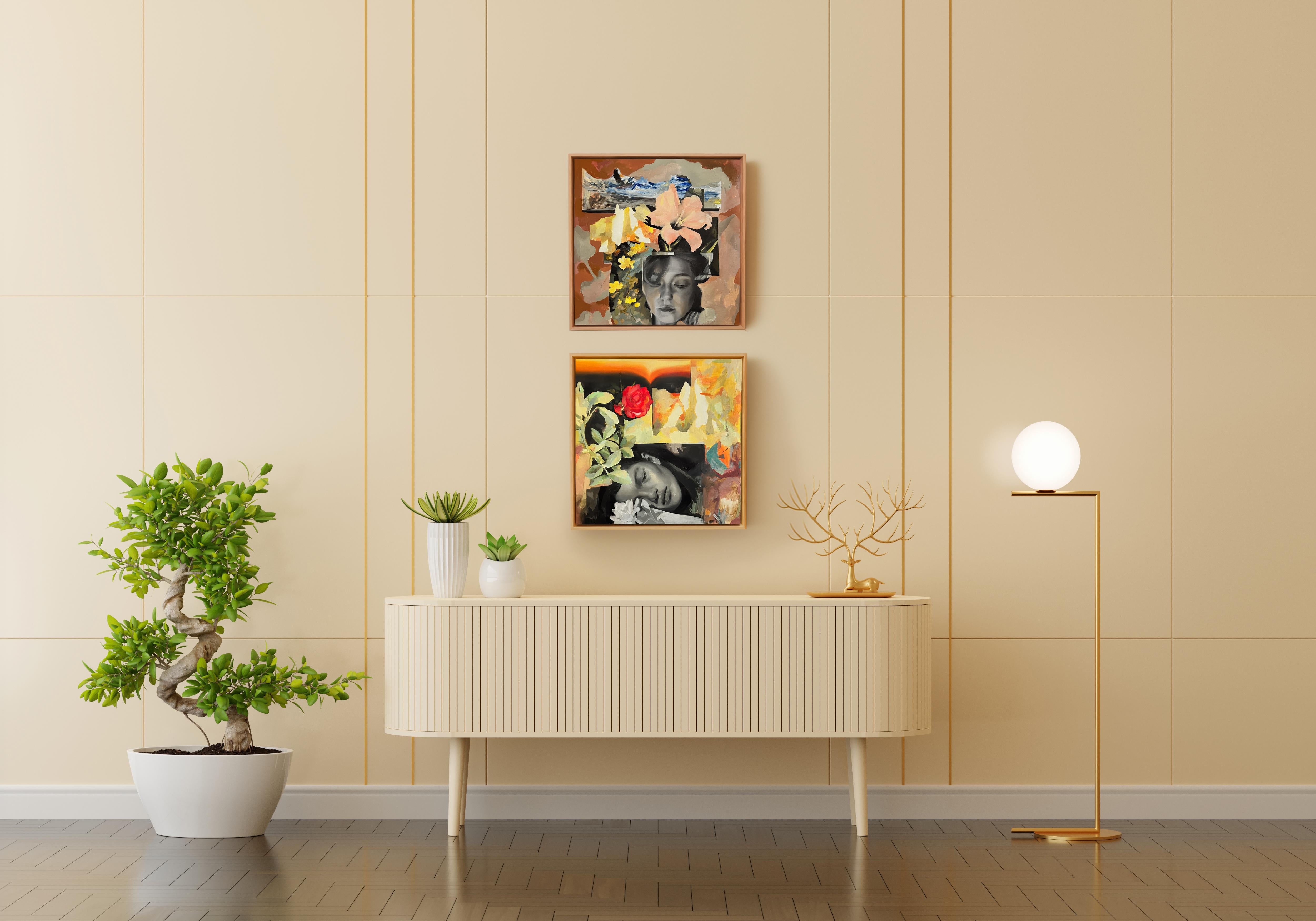 Gerahmte figurative Acrylmalerei, Traumhaftes Blumenportrait, 