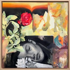 Framed Figurative Acrylic Painting, Dreamlike Floral Portrait, "Emotion"