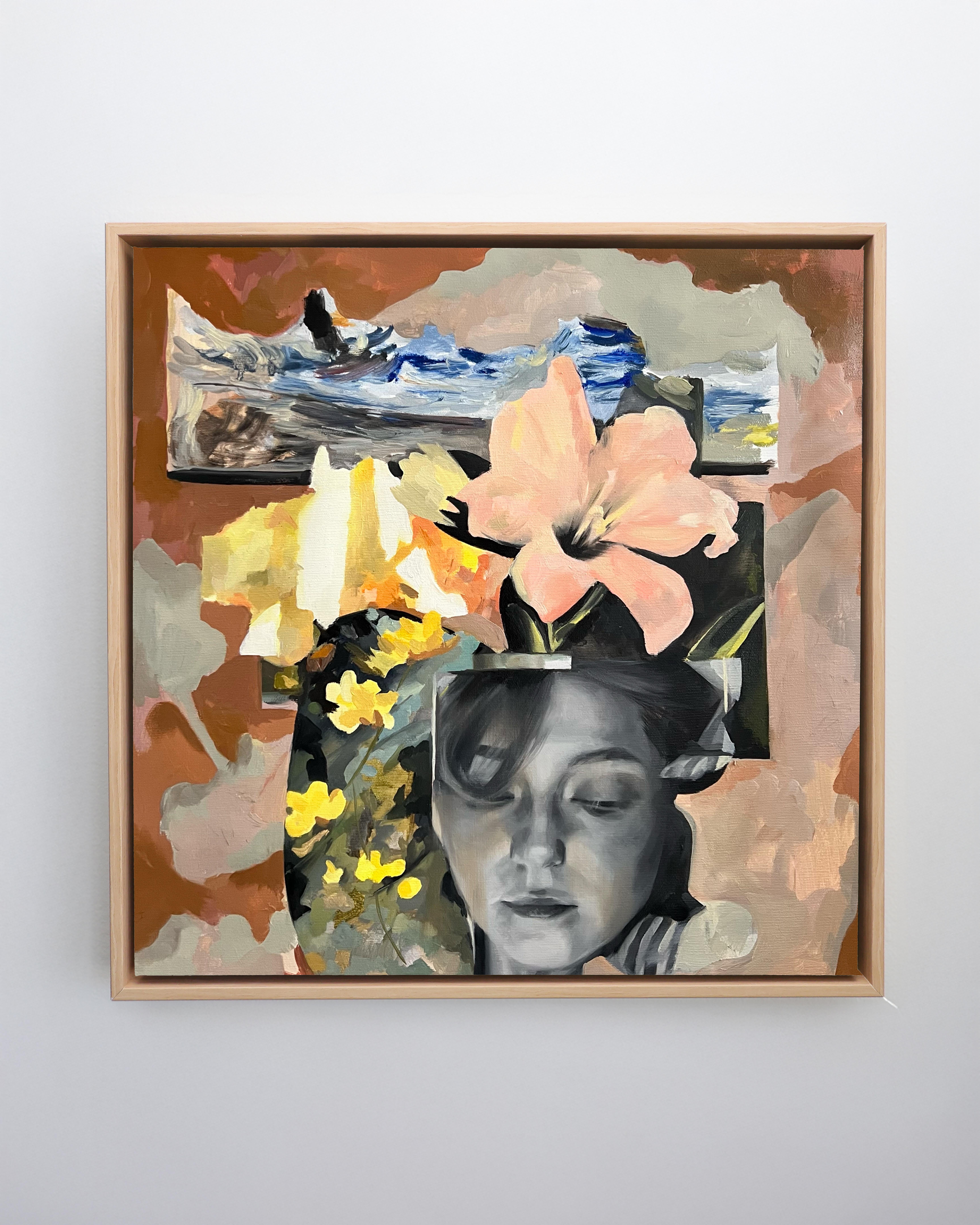 Gerahmte figurative Acrylmalerei, Portrait mit Blumen 