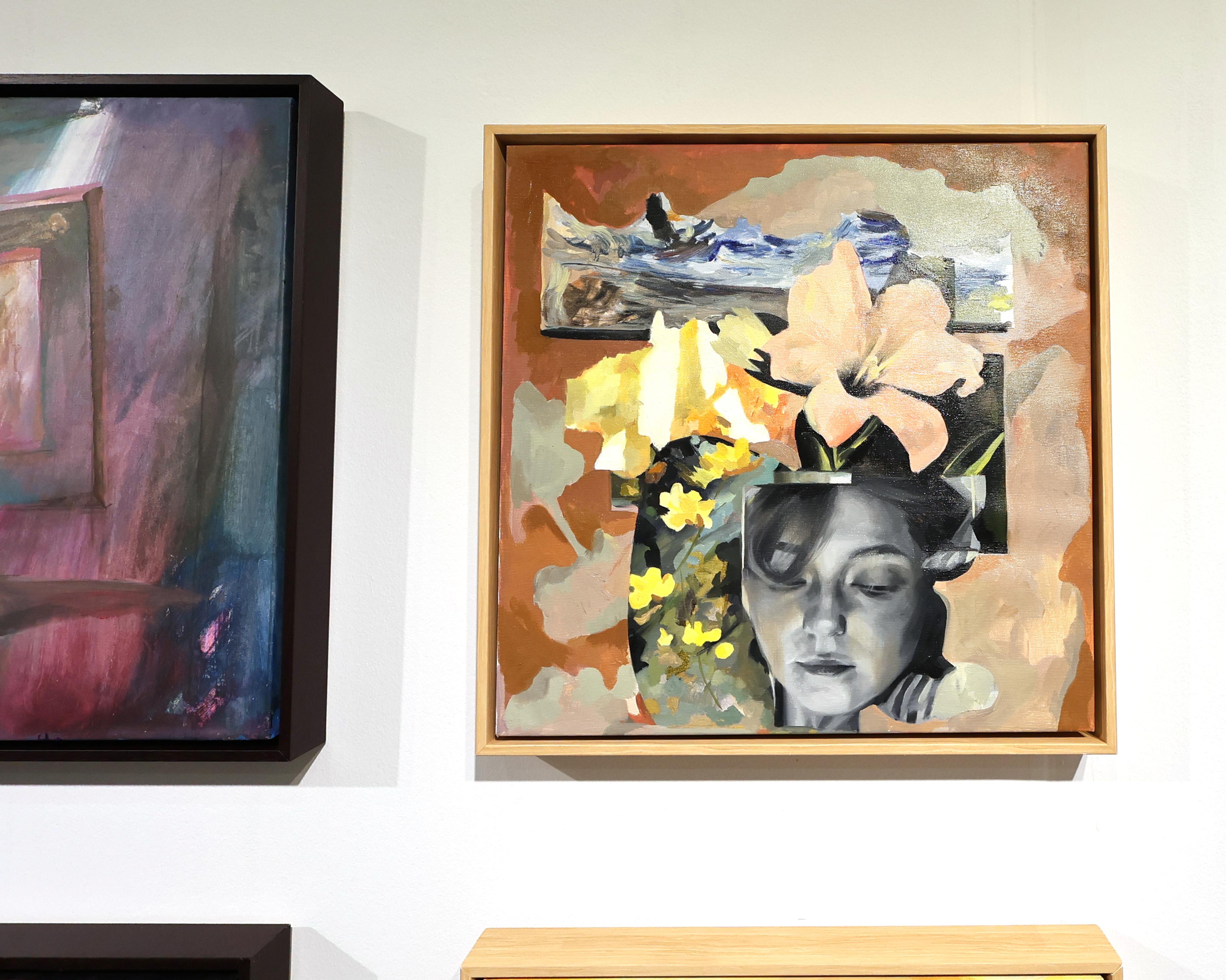 Gerahmte figurative Acrylmalerei, Portrait mit Blumen 