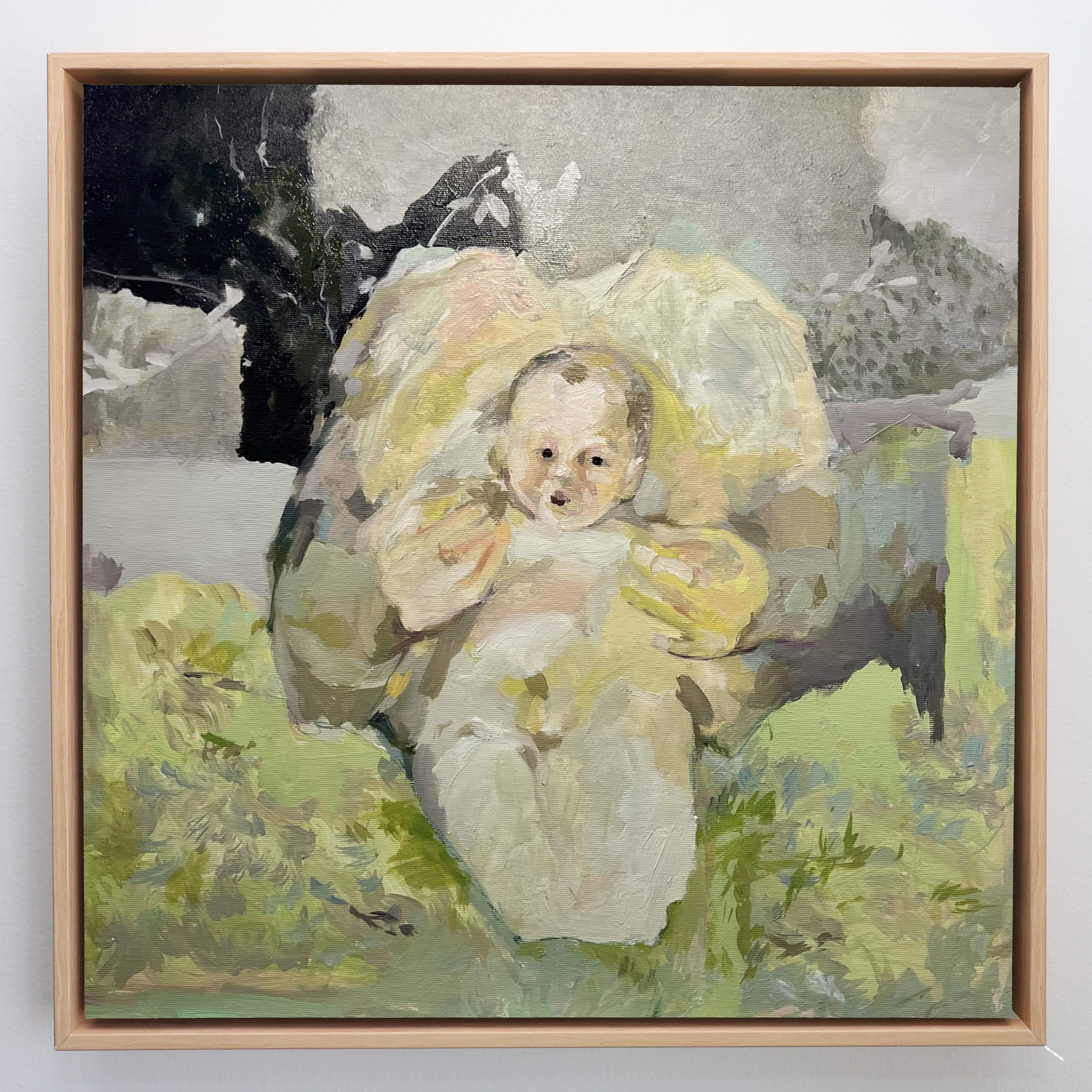 Gerahmtes figuratives Gemälde, Mutter hält Baby in weichen Pastelltönen, 