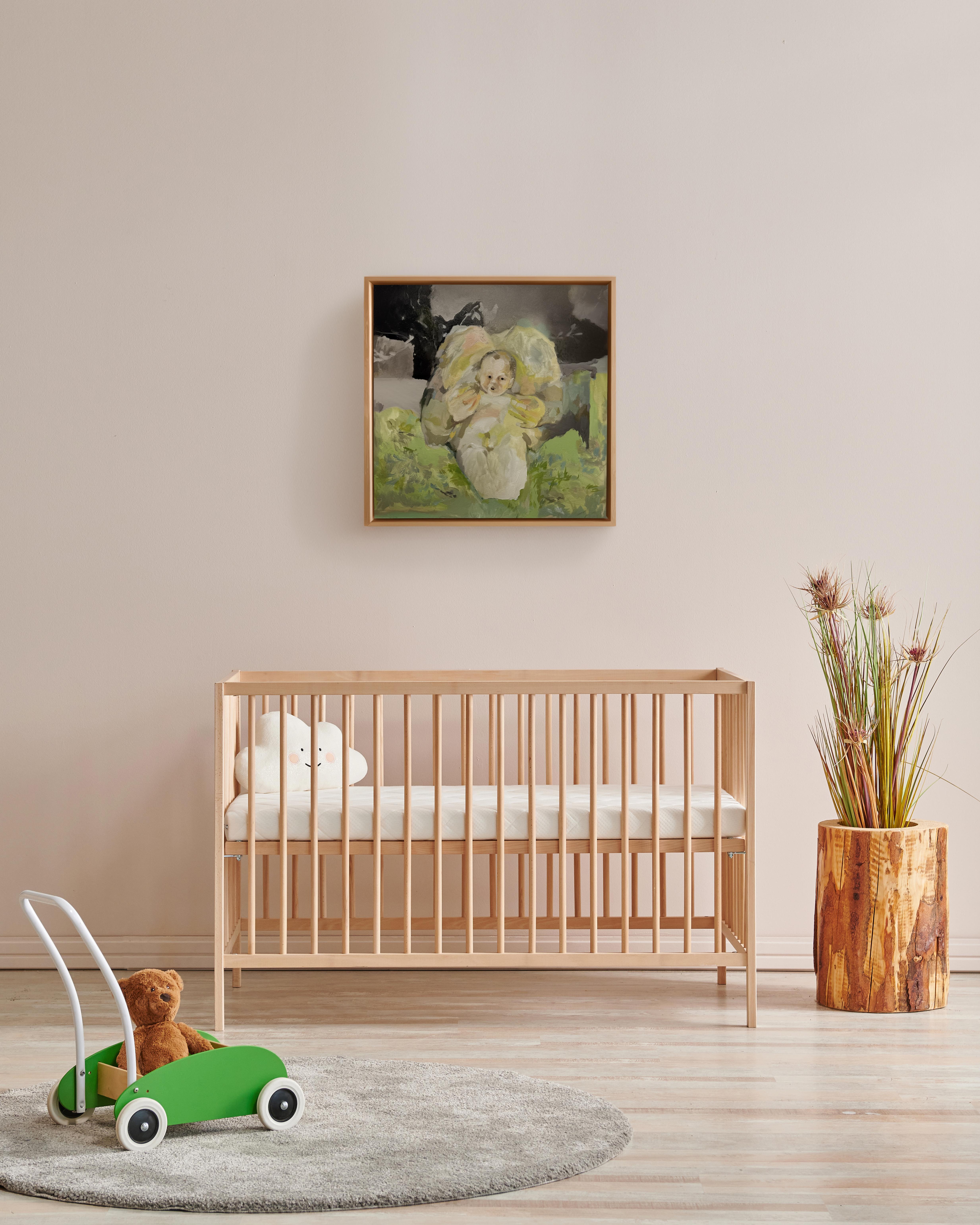 Gerahmtes figuratives Gemälde, Mutter hält Baby in weichen Pastellt�önen, 