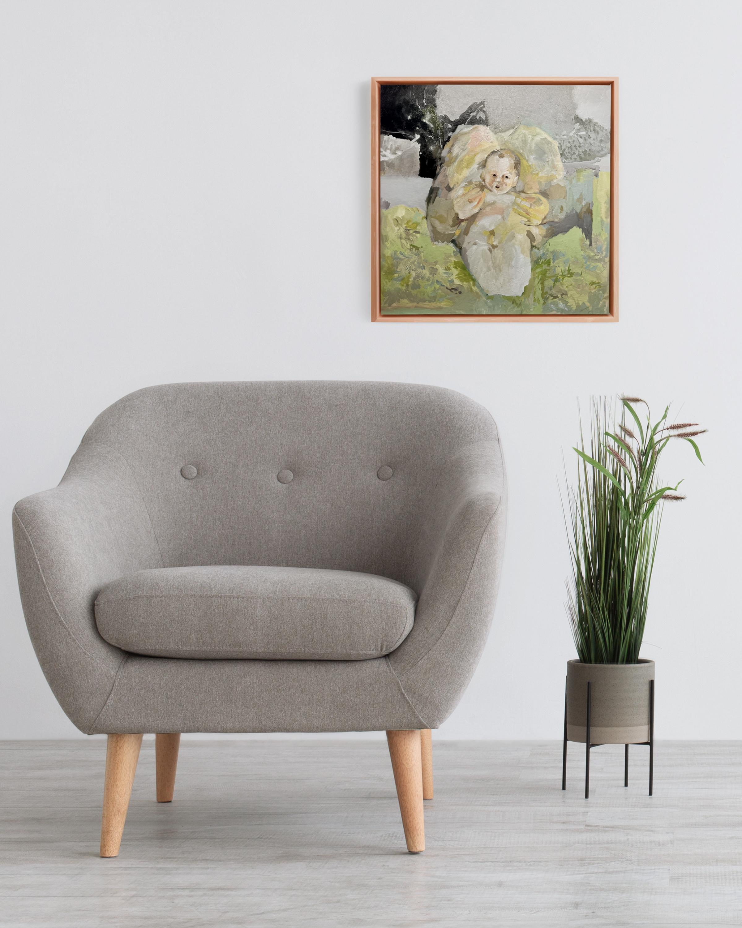 Dieses gerahmte Original-Acrylgemälde von Inna Kharchuk ist eine zu Herzen gehende und sehr intime Darstellung der Mutterschaft. Als zentraler Teil ihrer Emotion-Serie fängt das Werk die stille Zärtlichkeit einer Mutter ein, die ihr Baby im Arm