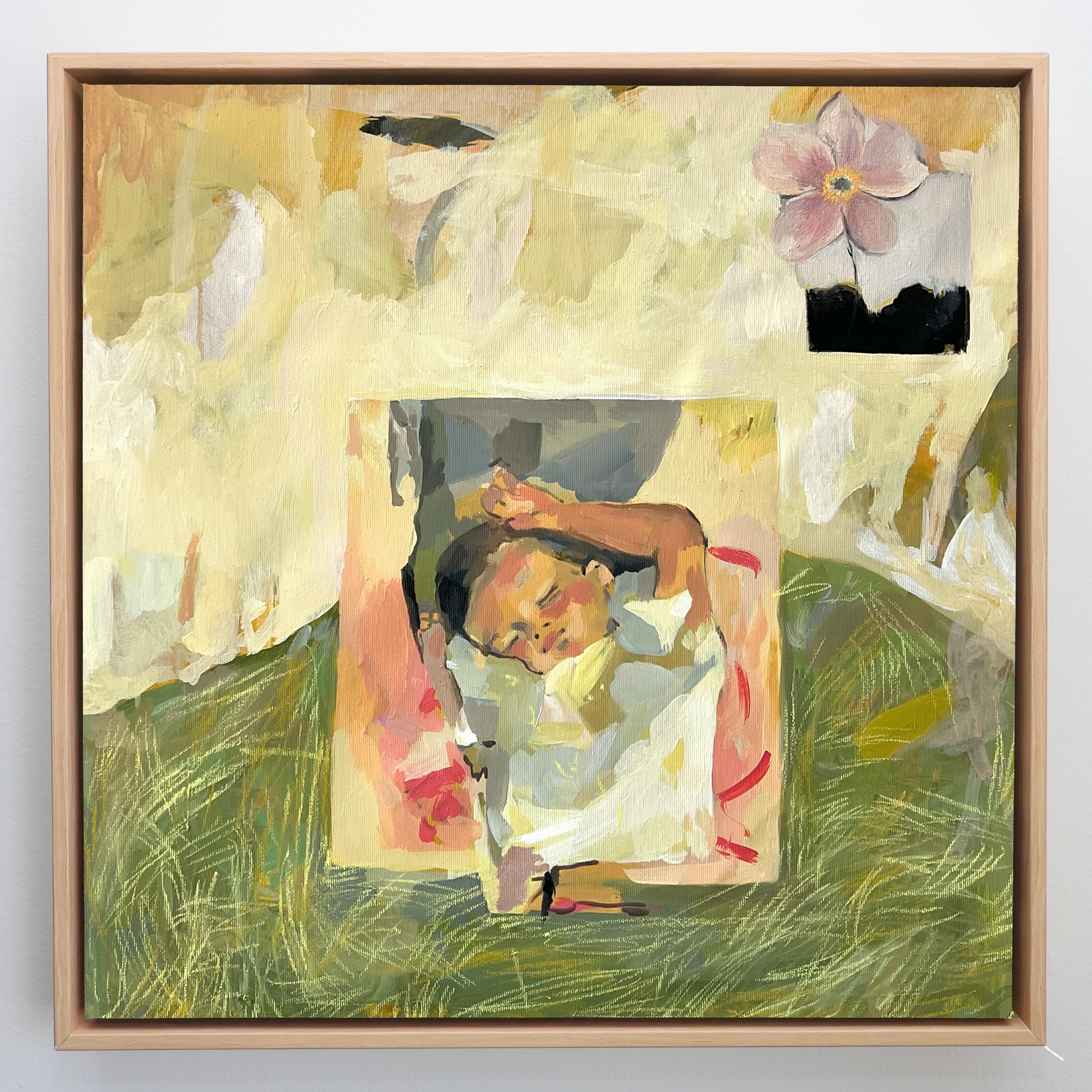 Framed Figurative Painting, Sleeping Baby Portrait, Soft Pastels, 