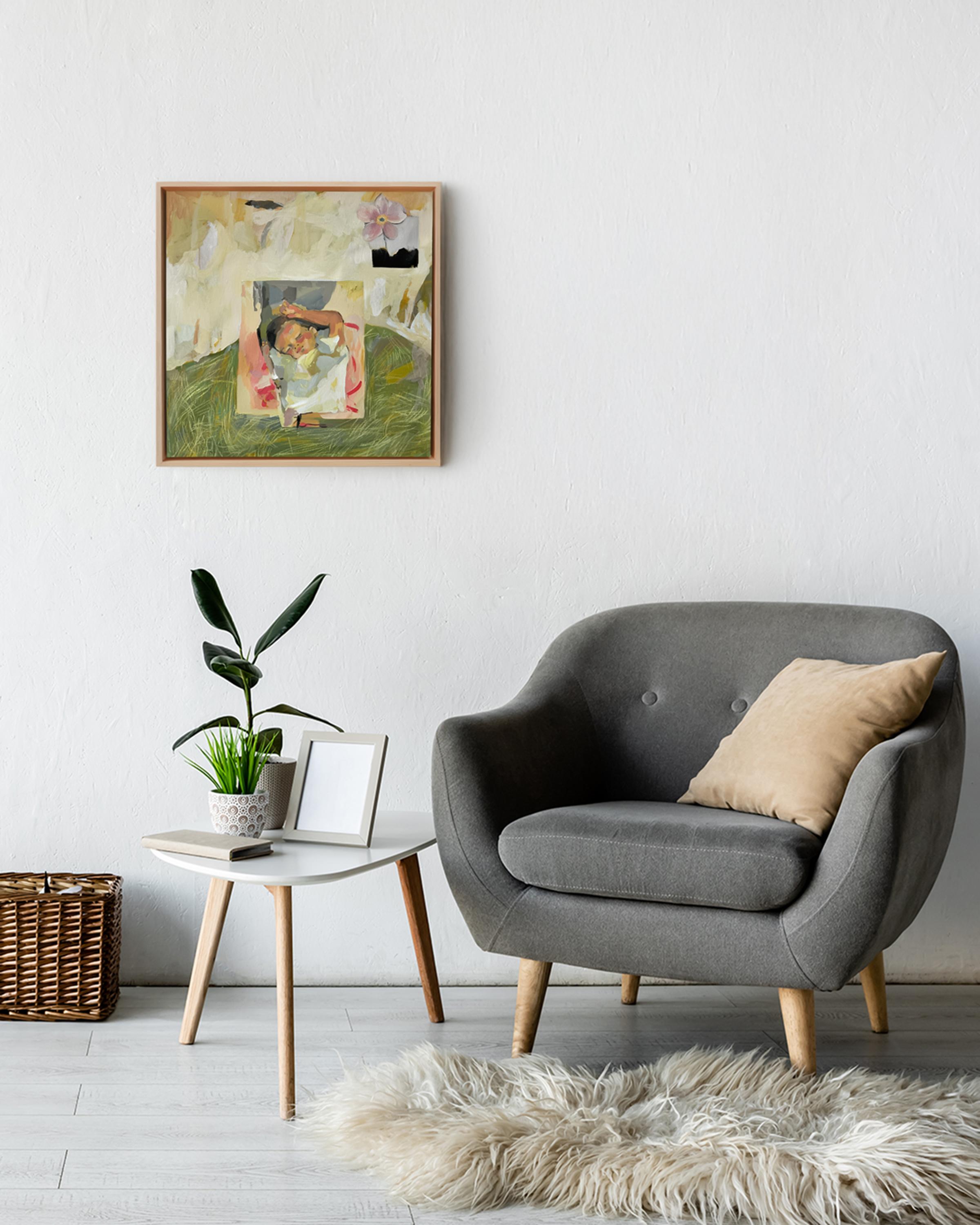 Framed Figurative Painting, Sleeping Baby Portrait, Soft Pastels, 