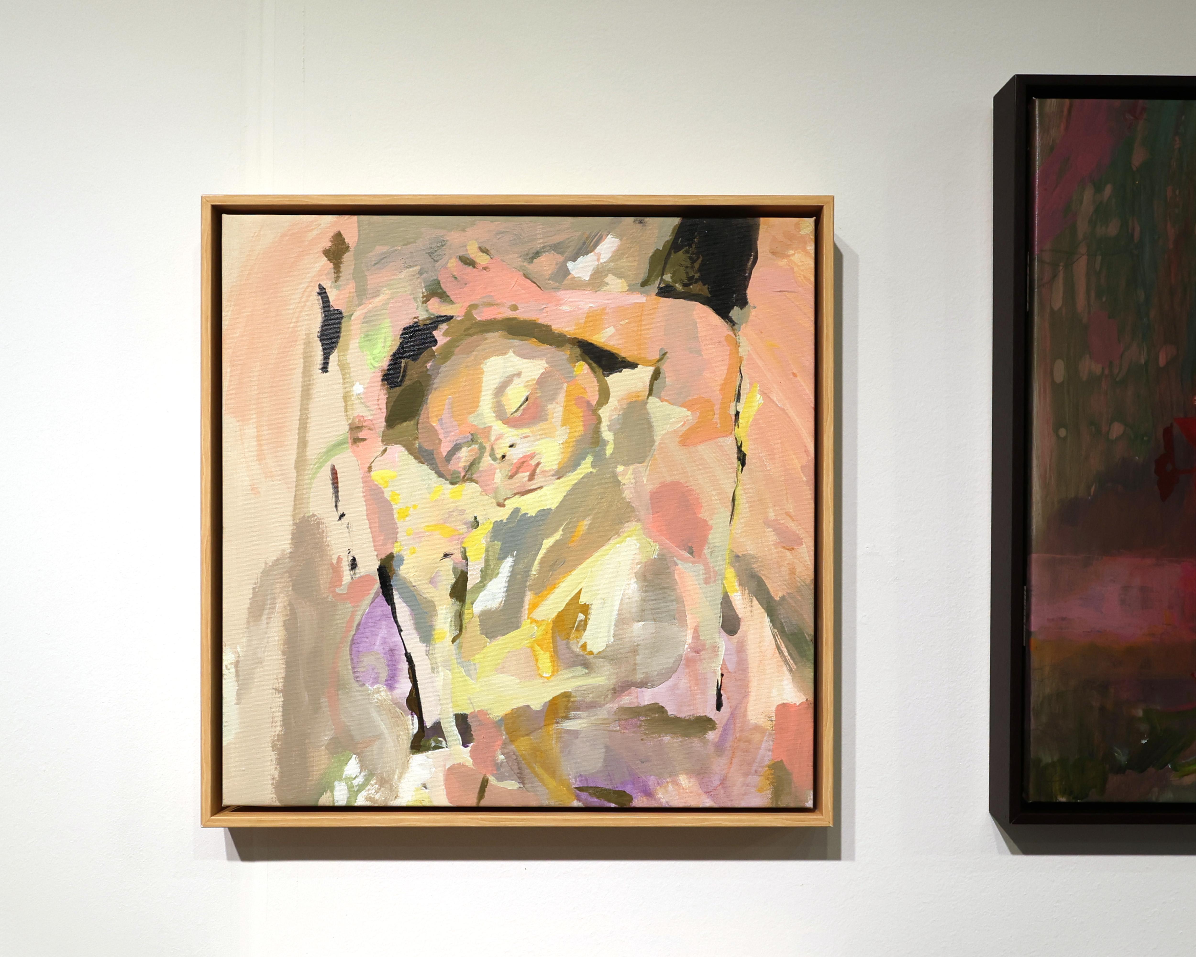 Peinture figurative encadrée, portrait d'un Child Child endormi, tons chauds de la terre, 