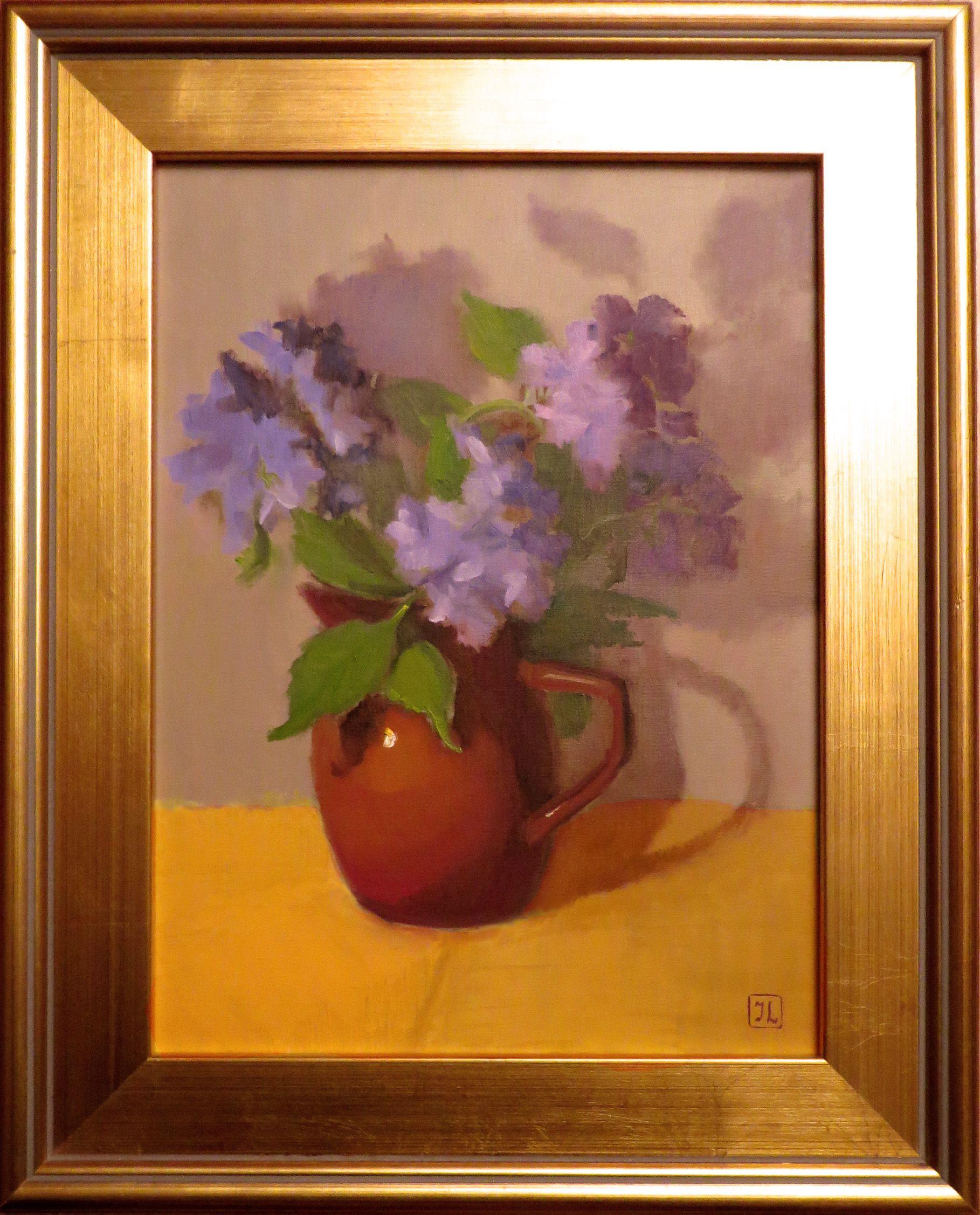 IDRANGA BLU IN VASO MARRONE, Pittura, Olio su tela - Painting Contemporaneo di Inna Lazarev