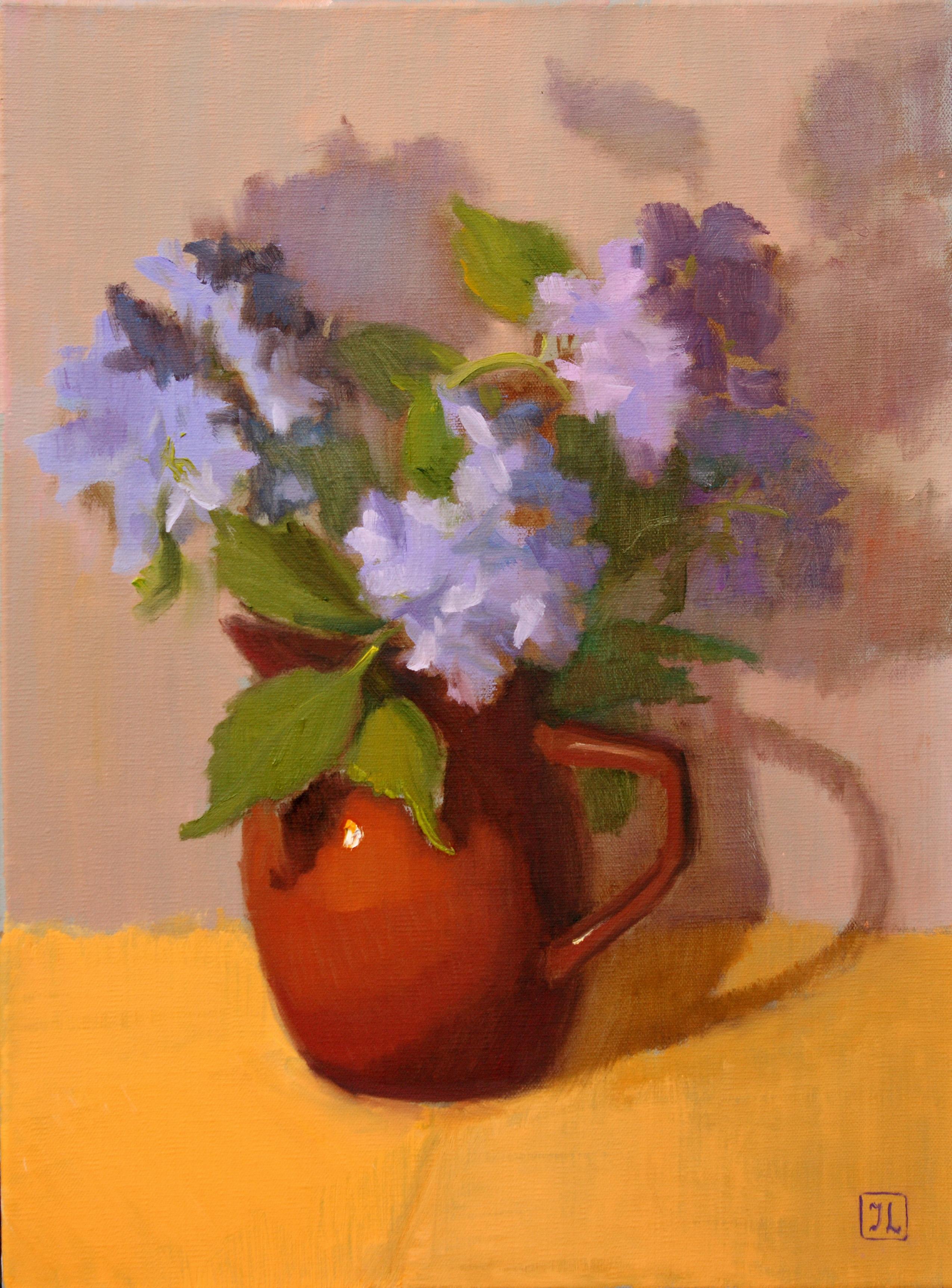 IDRANGA BLU IN VASO MARRONE, Pittura, Olio su tela - Painting di Inna Lazarev