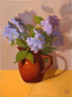 BLUE HYDRANGEA IN BROWN VASE, Painting, Oil on Canvas