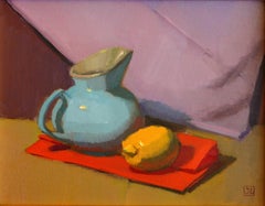 BLUE PITCHER WITH LEMON, Painting, Oil on Canvas